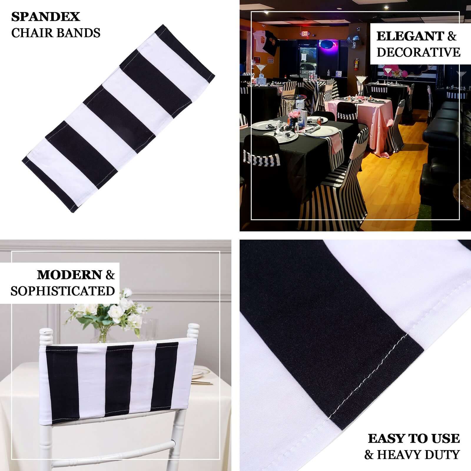 5 Pack Spandex Chair Sashes Black/White Vertical Stripes - Easy to Use & Wrinkle-Free Stretch Chair Bands for Stunning Tablescapes 5x14