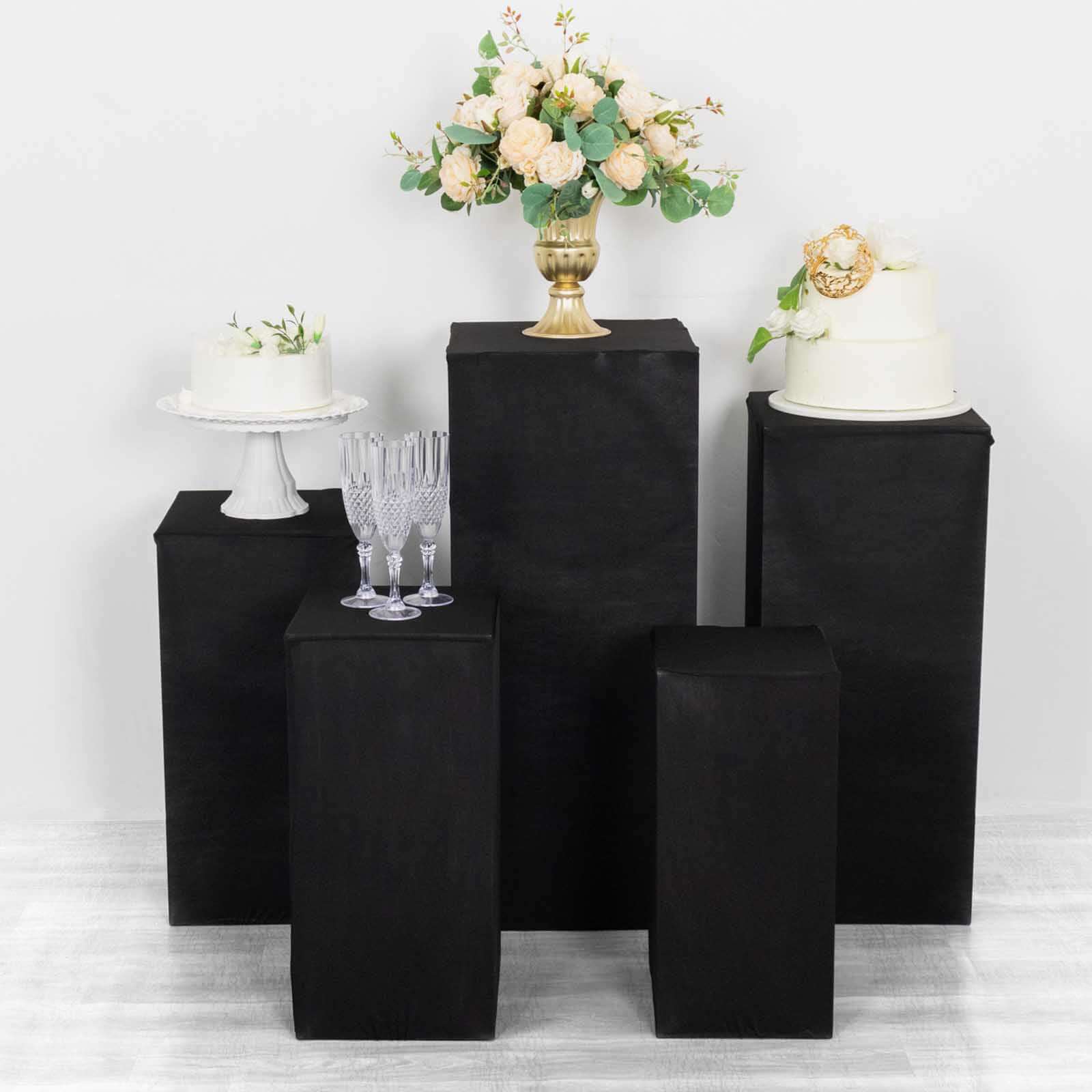 Set of 5 Black Spandex Rectangle Pedestal Stand Covers, Stretchable Pillar Prop Covers - 160 GSM