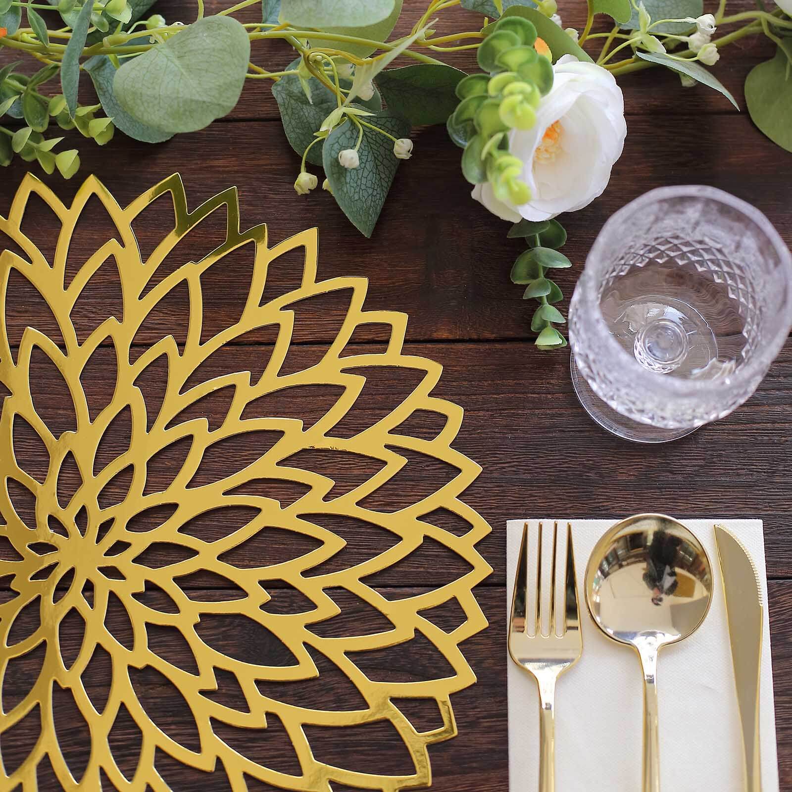 6-Pack Disposable Table Placemats in Metallic Gold with Laser Cut Hibiscus Flower Design - 400GSM Cardboard Placemats for Glamorous Table Decor 13