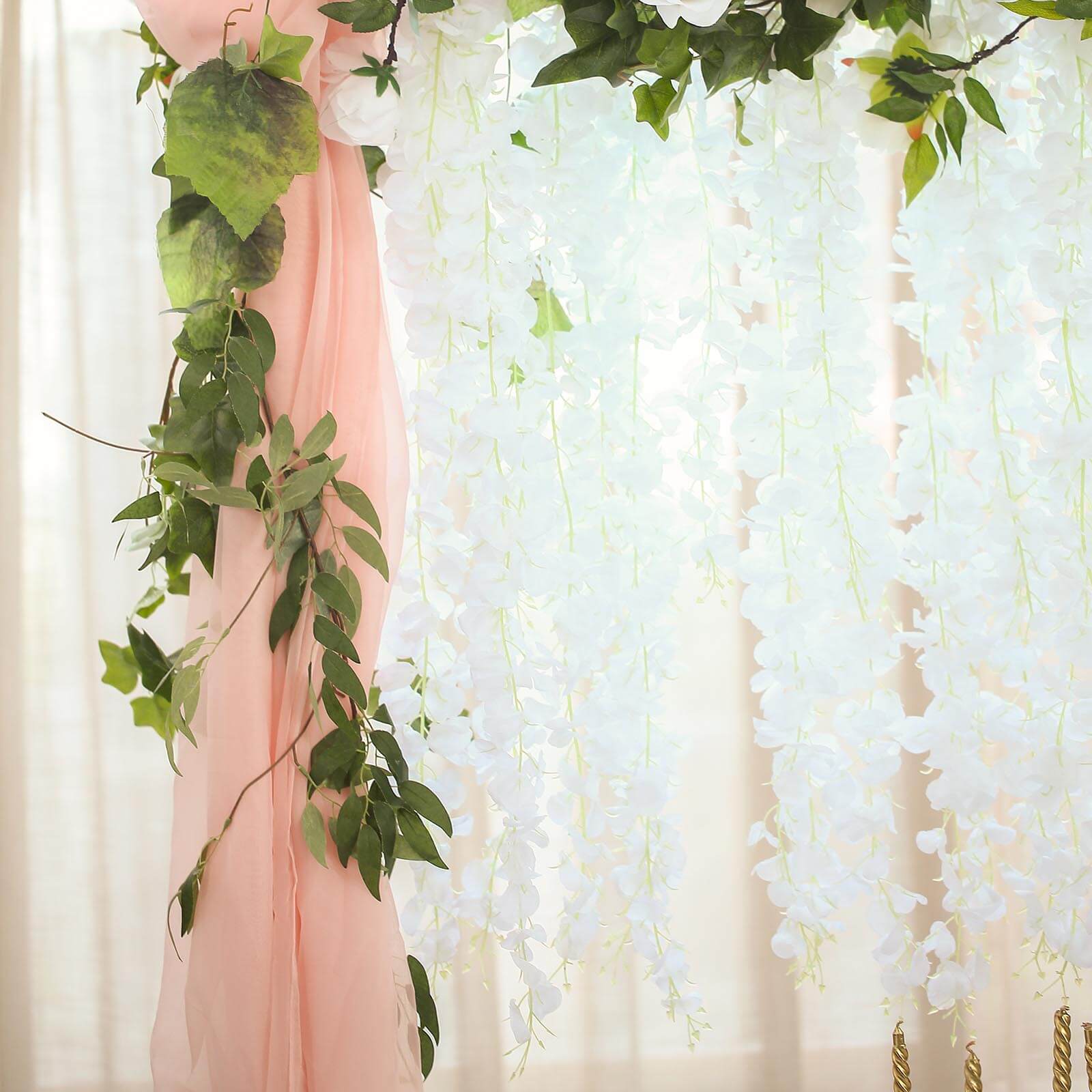 42 Silk Hanging Wisteria Flower Garland Vines in White, Elaborated 5 Full Strands in 1 Bush