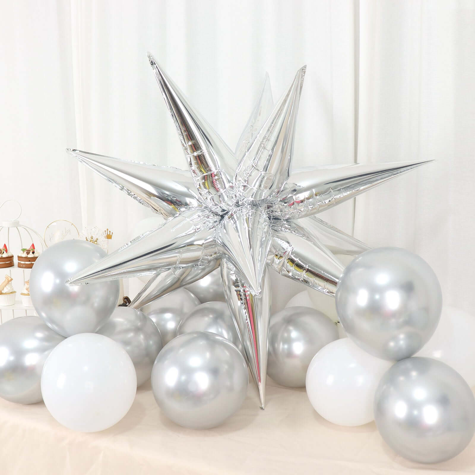 36 Pack Metallic Silver DIY Mylar Foil Starburst Cone Balloons, 3D Explosion Star Party Balloons Kit - Customizable