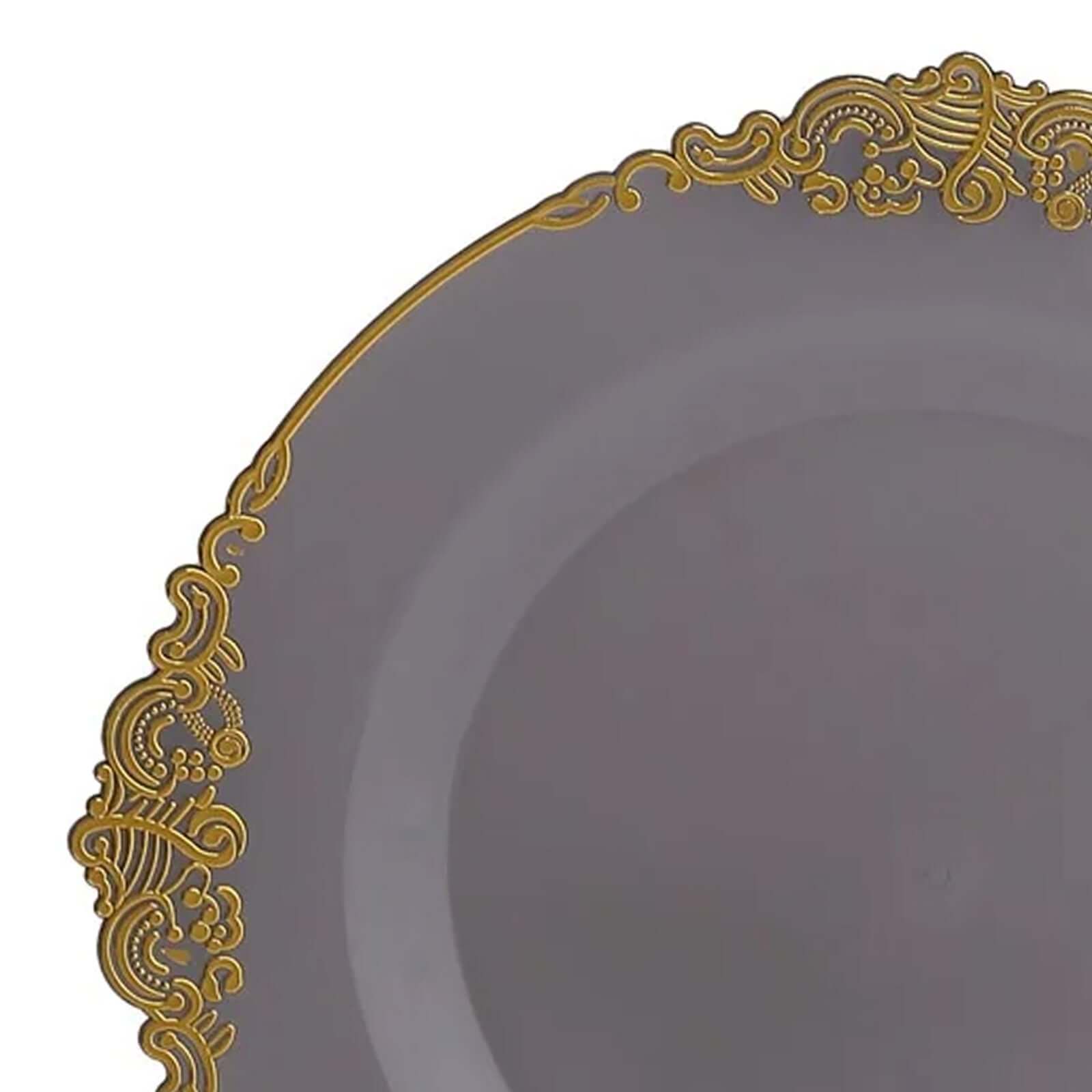 10-Pack Plastic 8 Round Dessert Plates in Transparent Black with Gold Leaf Embossed Rim - Disposable Vintage Baroque Style Salad Plates