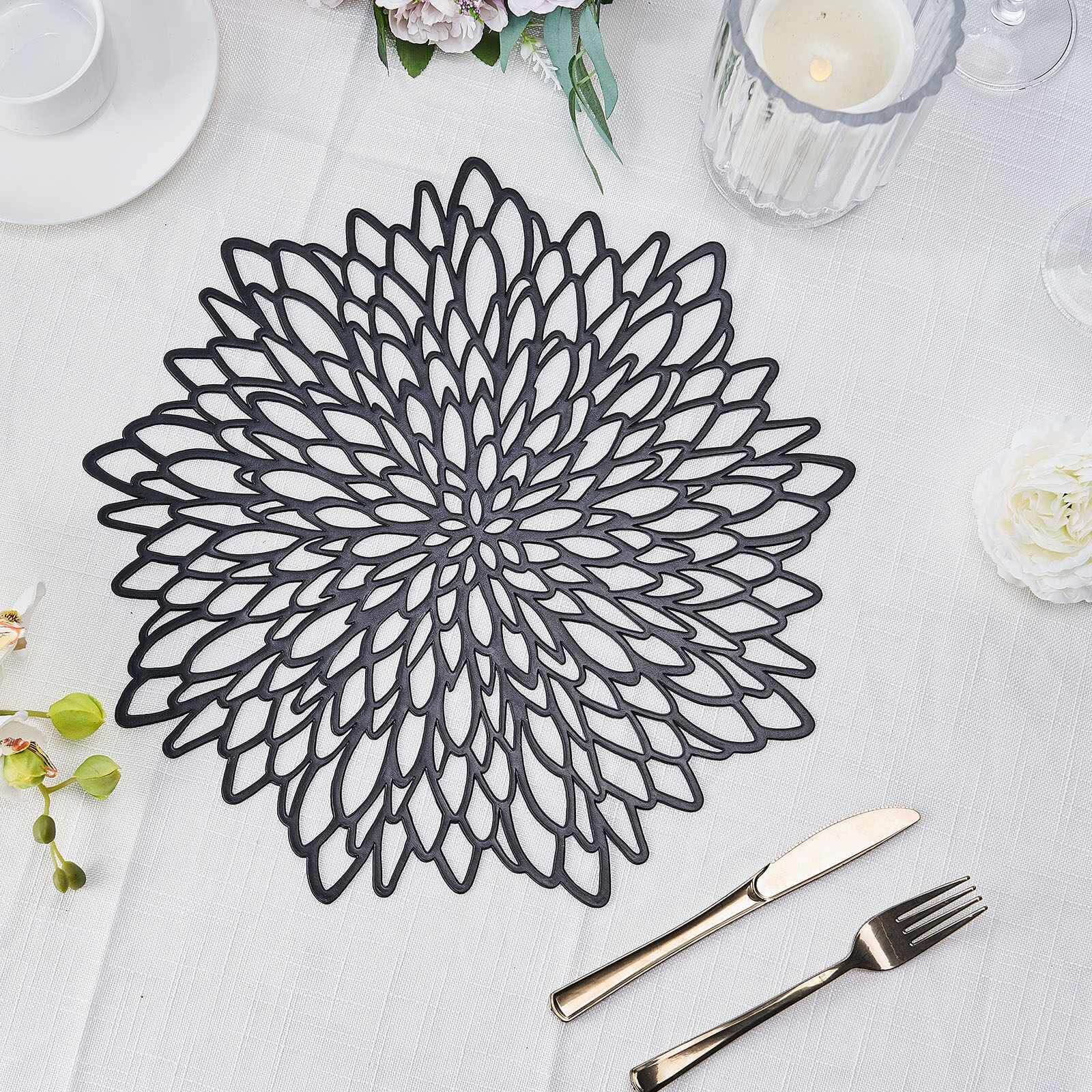 6-Pack Dining Table Mats Floral Design Black - Metallic Vinyl Round Non-Slip Mats for Tables 15