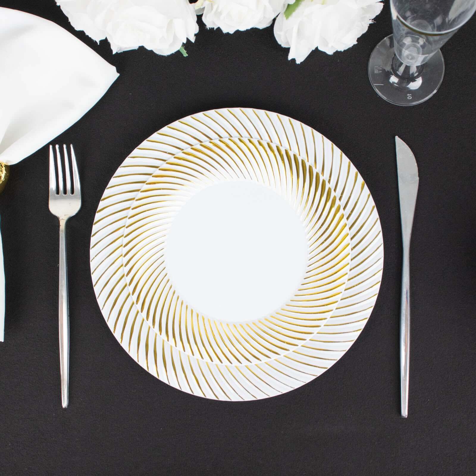 10-Pack Plastic 7 Round Dessert Plates in White with Gold Swirl Rim - Disposable Salad Plates for Classy Events & Banquets