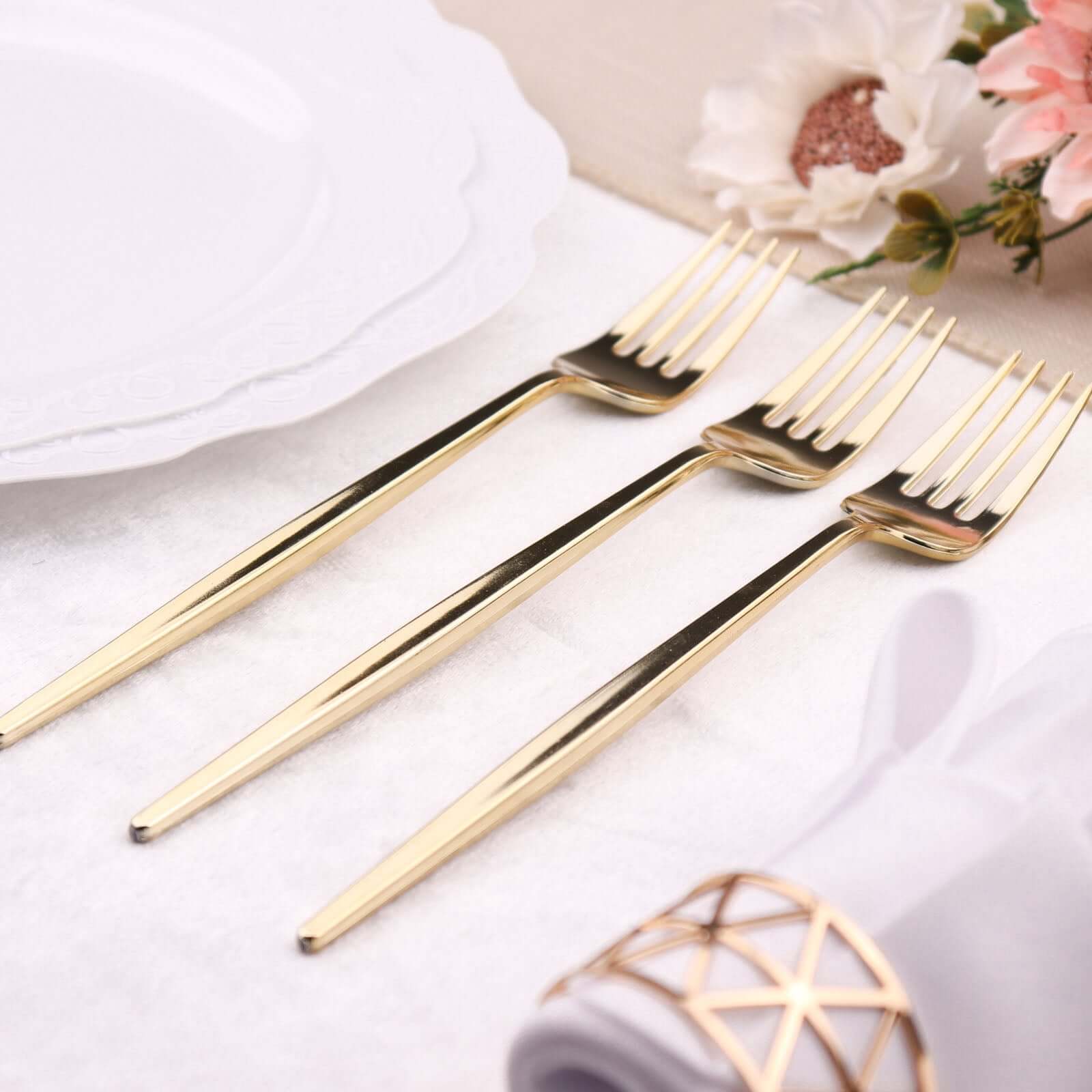 24 Pack 8 Glossy Gold Heavy Duty Plastic Silverware Forks Cutlery, Premium Disposable Sleek Flatware