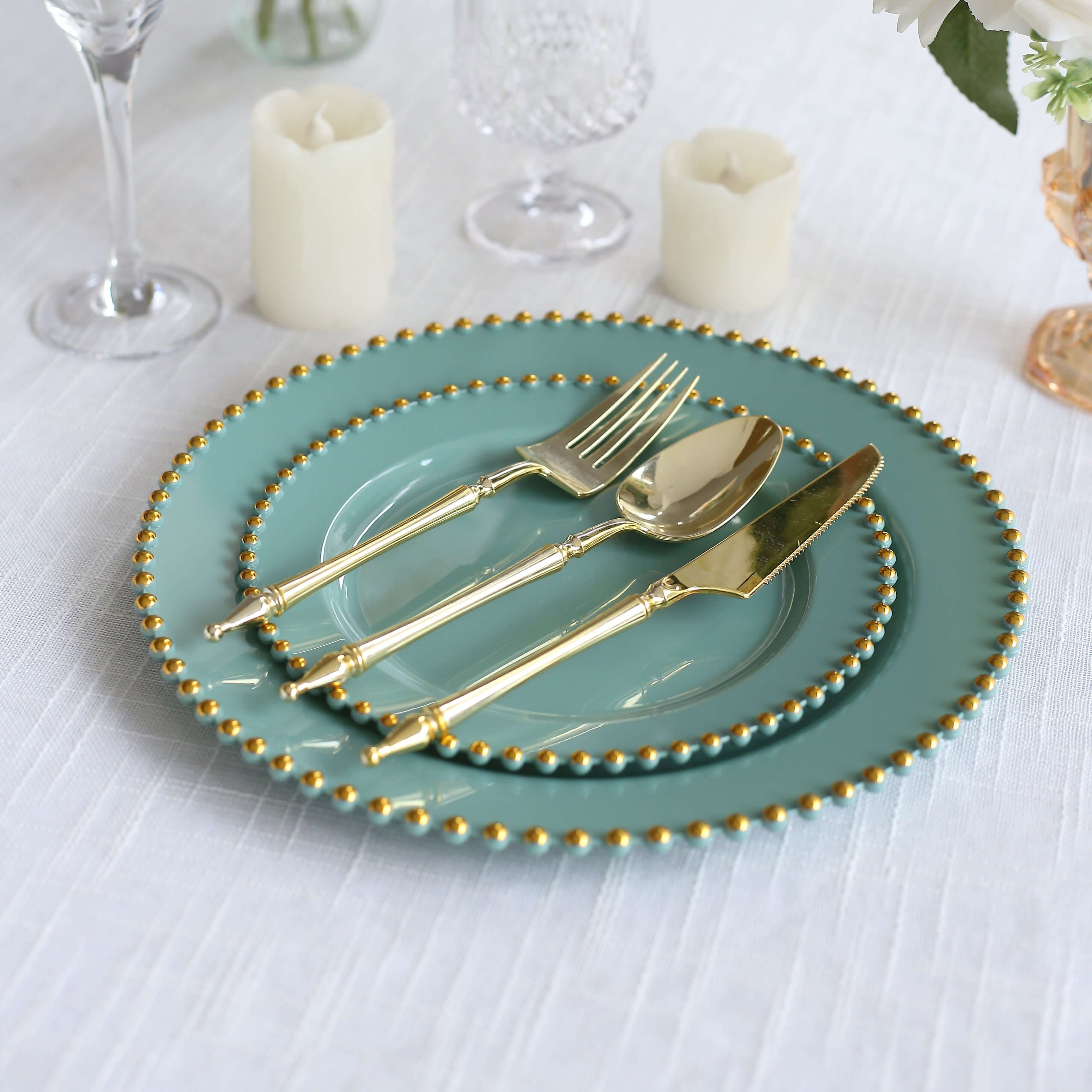 10-Pack Plastic 8 Round Appetizer Dessert Plates in Dusty Sage Green with Gold Beaded Rim - Disposable Salad Plates