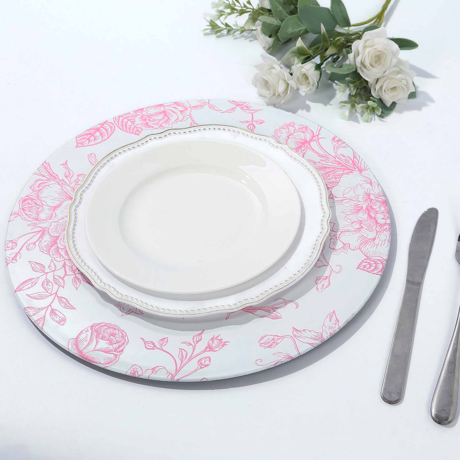 6-Pack Acrylic Round Charger Plates 13 in White with Pink Floral French Toile Pattern, Decorative Dinner Party Charger Tableware