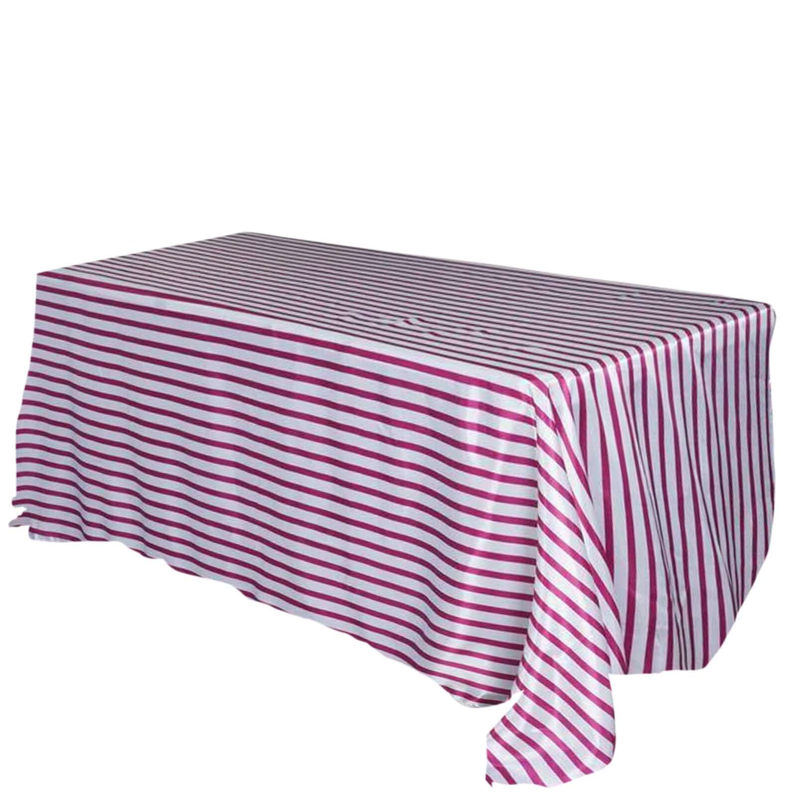 Satin 90x132 Rectangle Tablecloth White/Fuchsia - Stripe Design with Smooth Finish Table Cover