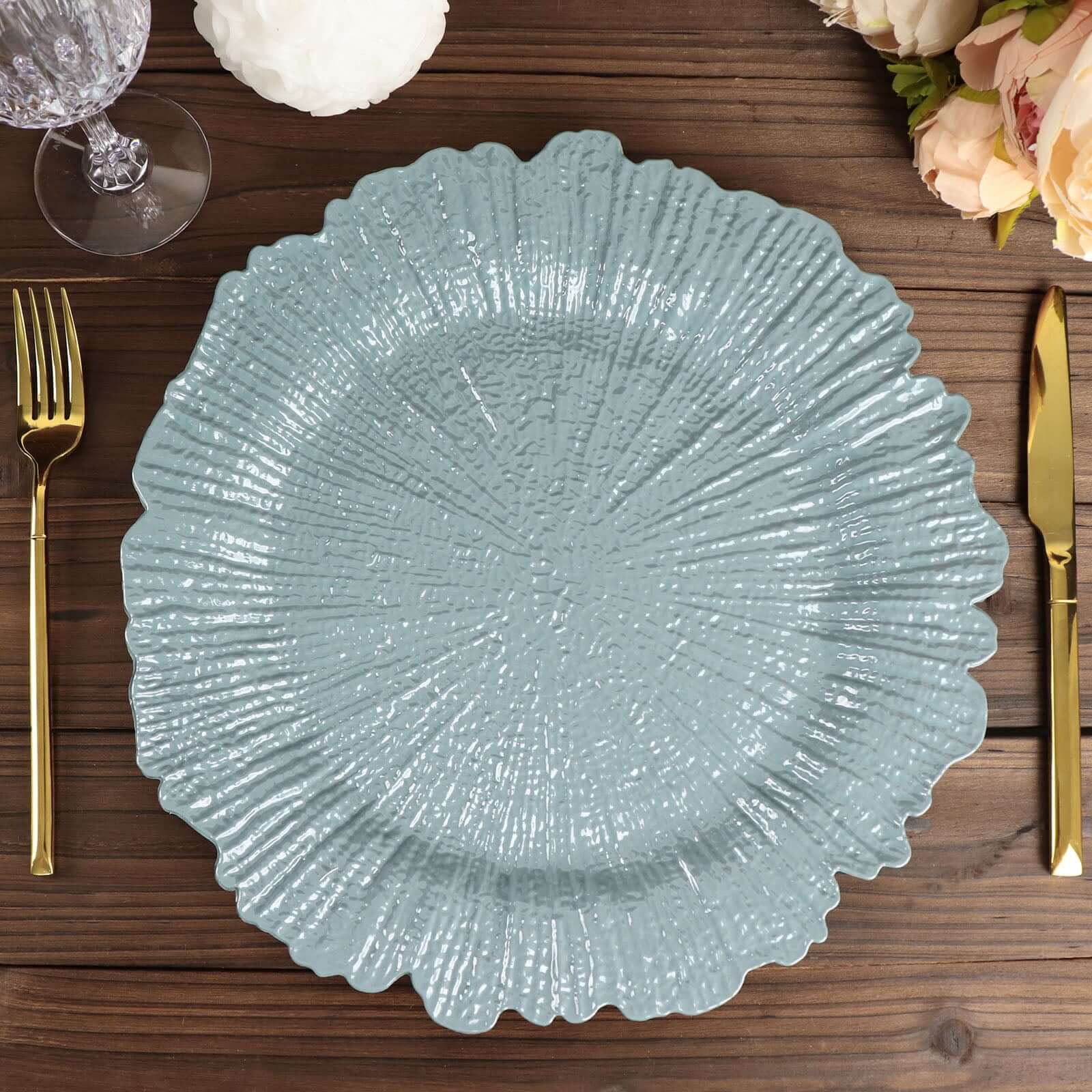 6-Pack Acrylic Plastic Round Charger Plates 13 in Dusty Blue with Reef Design, Dinner Charger Tableware