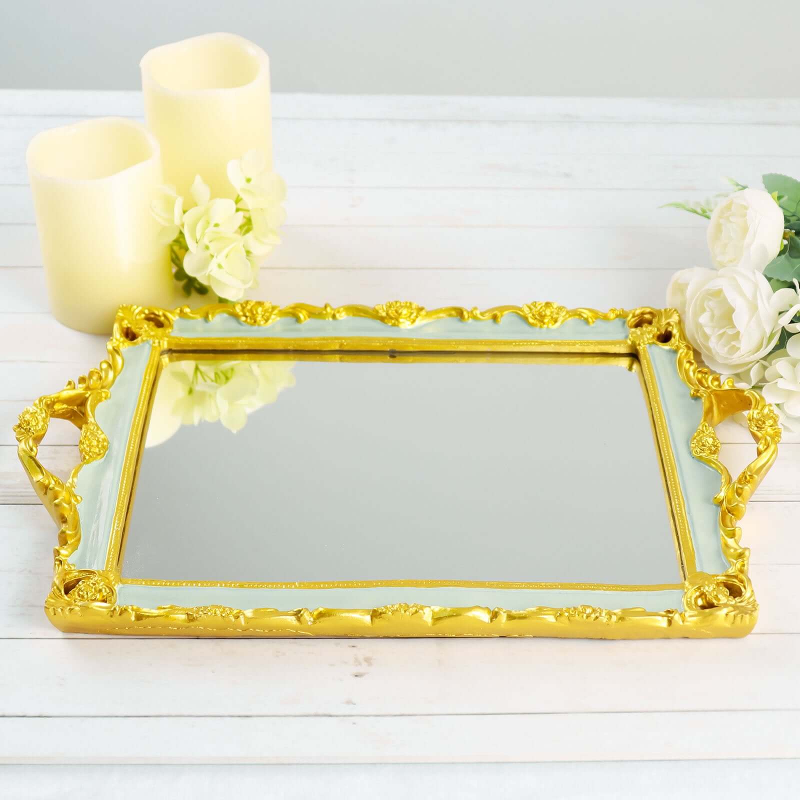 Resin Mirrored Rectangle Serving Tray 15x10 in Mint Green with Gold Baroque Design, Stylish Decorative Vanity Tray Centerpiece