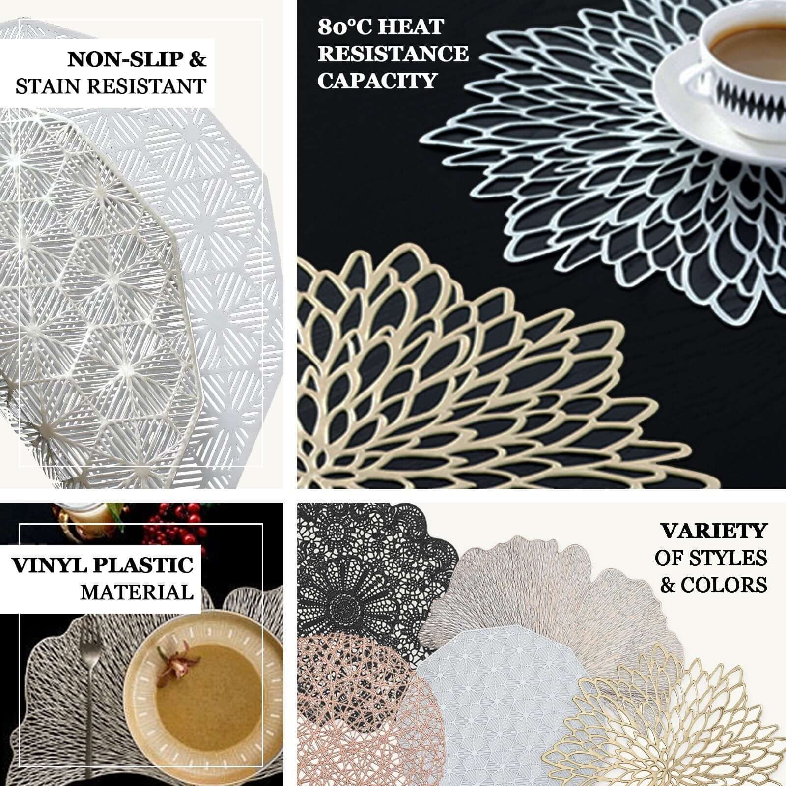 6-Pack Dining Table Mats Floral Lace Design Gold - Vinyl Non-Slip Surface with Vintage Appeal 15