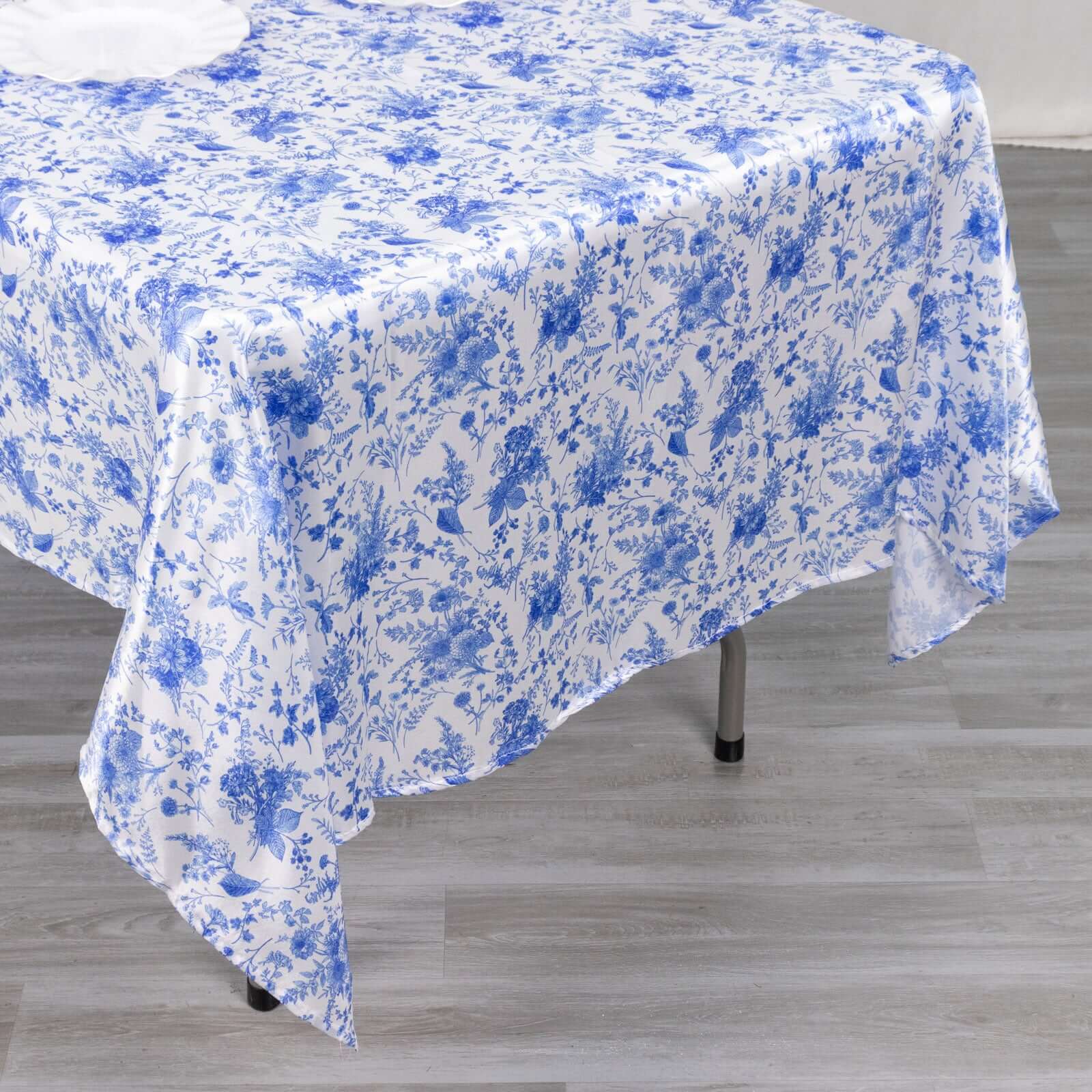 Satin Round 60x102 Tablecloth White/Blue French Toile Design - Stylish & Wrinkle-Resistant Table Cover