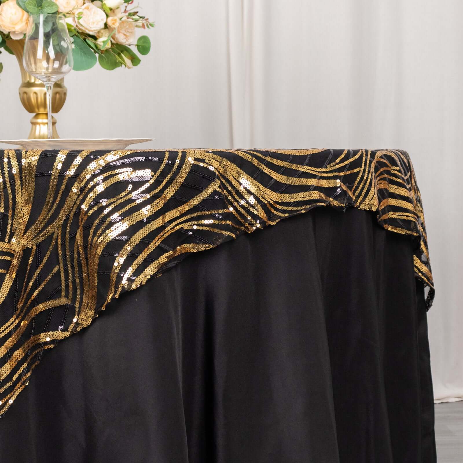 Mesh 72x72 Table Overlay Square Tablecloth Black Gold - Wave Embroidered Sequins Table Topper