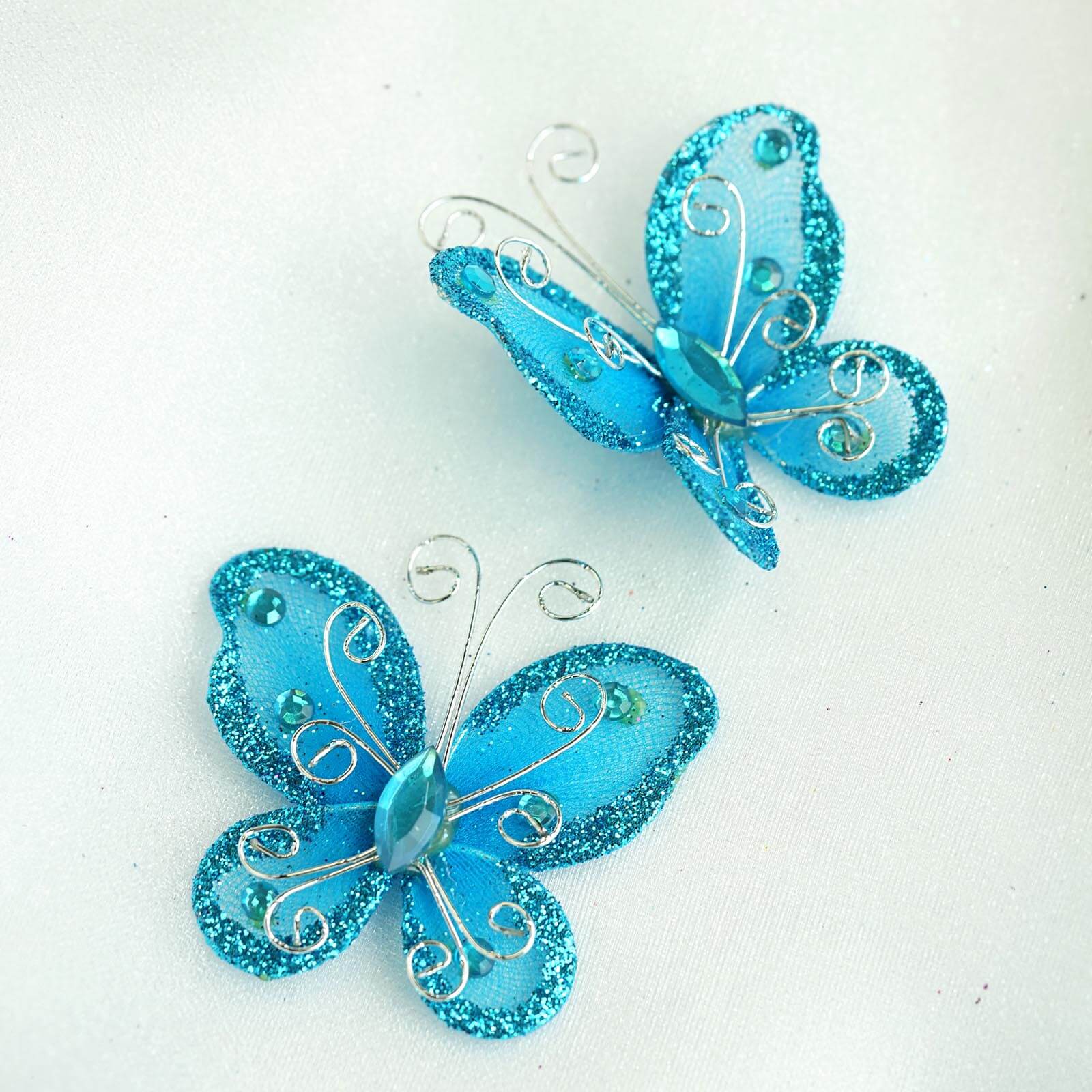 12 Pack 2 Turquoise Diamond Studded Wired Organza Butterflies