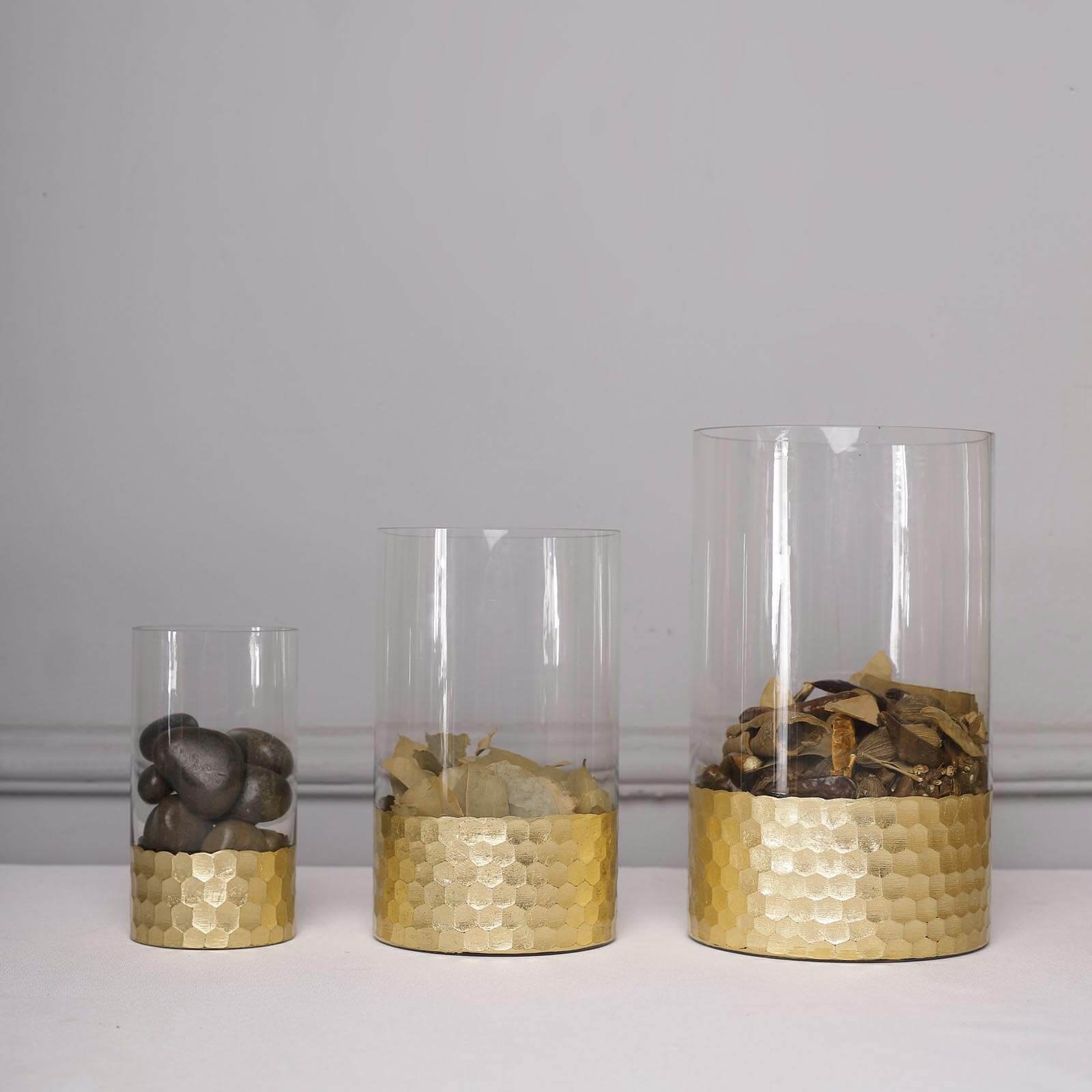 Set of 3 Glass Cylinder Vases Honeycomb Design Clear with Gold Base - Decorative Candle Holder Centerpieces 6, 8, 10