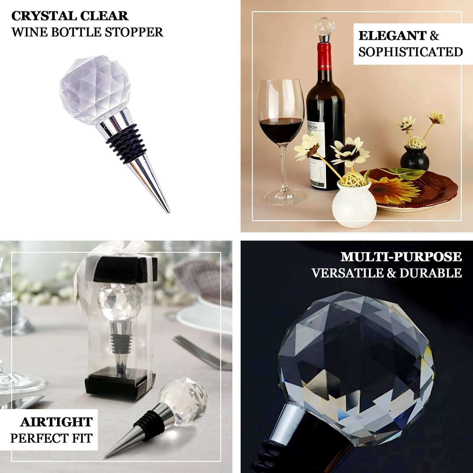 Crystal Glass Ball Metal Wine Bottle Stopper Plug Party Favor Gift Box - Clear Box, Thank You Card, and Ribbon Included