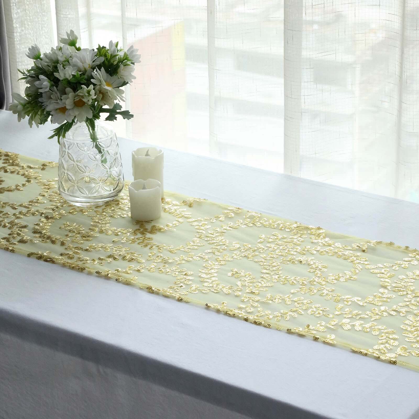 Mesh 12x108 Table Runner Gold - Leaf Vine Sequin Embroidered Design for Sophisticated Occasion