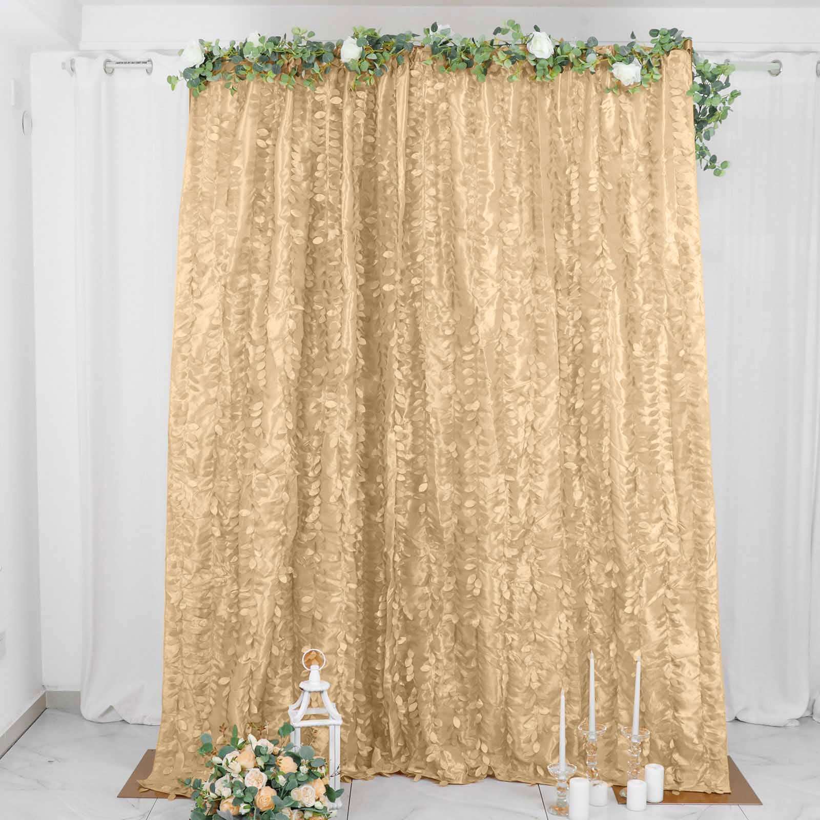 8ftx8ft Champagne 3D Leaf Petal Taffeta Event Curtain Drapes, Backdrop Event Panel With Rod Pocket