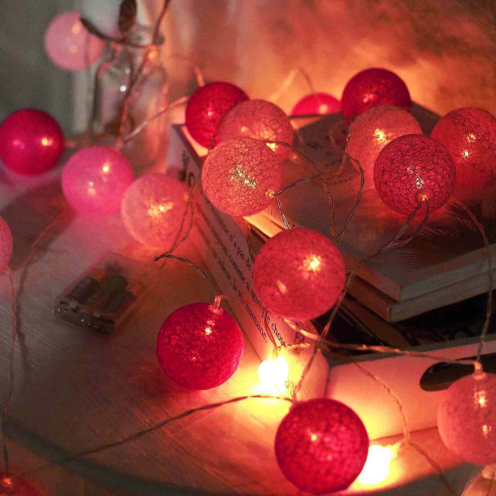 20 LED String Light Garland Pink Cotton Ball Blush, Fuchsia Warm White - Battery Operated Accent Piece 13ft