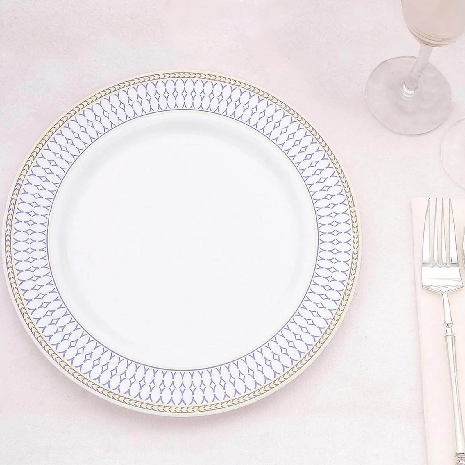 10-Pack Plastic 10 Round Dinner Plates in White with Gold Navy Blue Chord Rim - Renaissance Style Disposable Plates for Events & Banquets