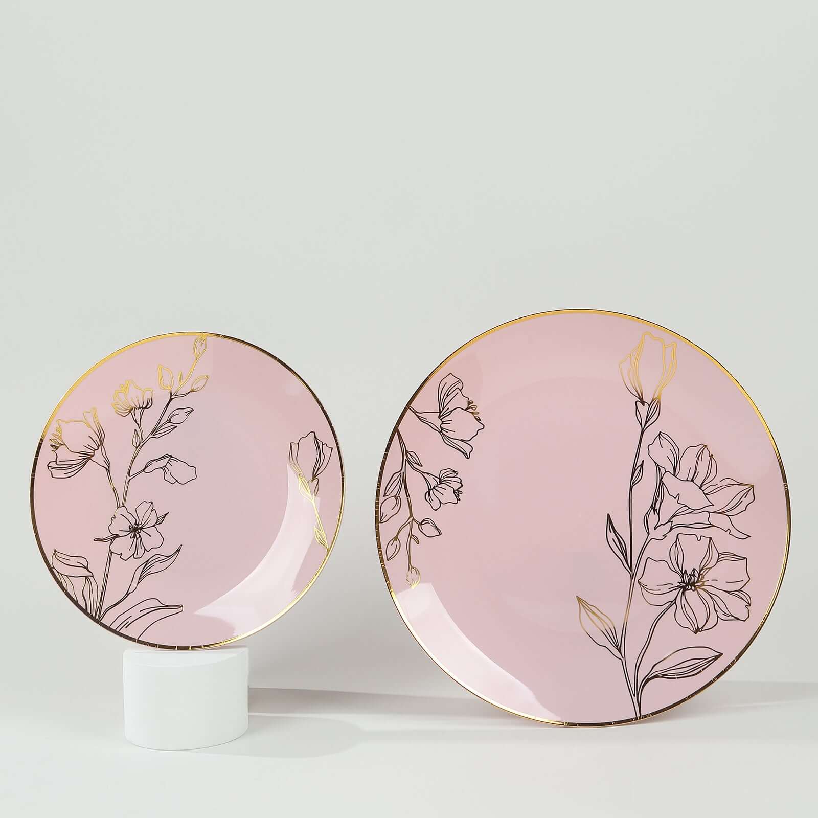 Set of 20 Plastic Round Dinner and Dessert Plates in Dusty Rose with Metallic Gold Floral Design - Stylish Disposable Dinnerware 8, 10