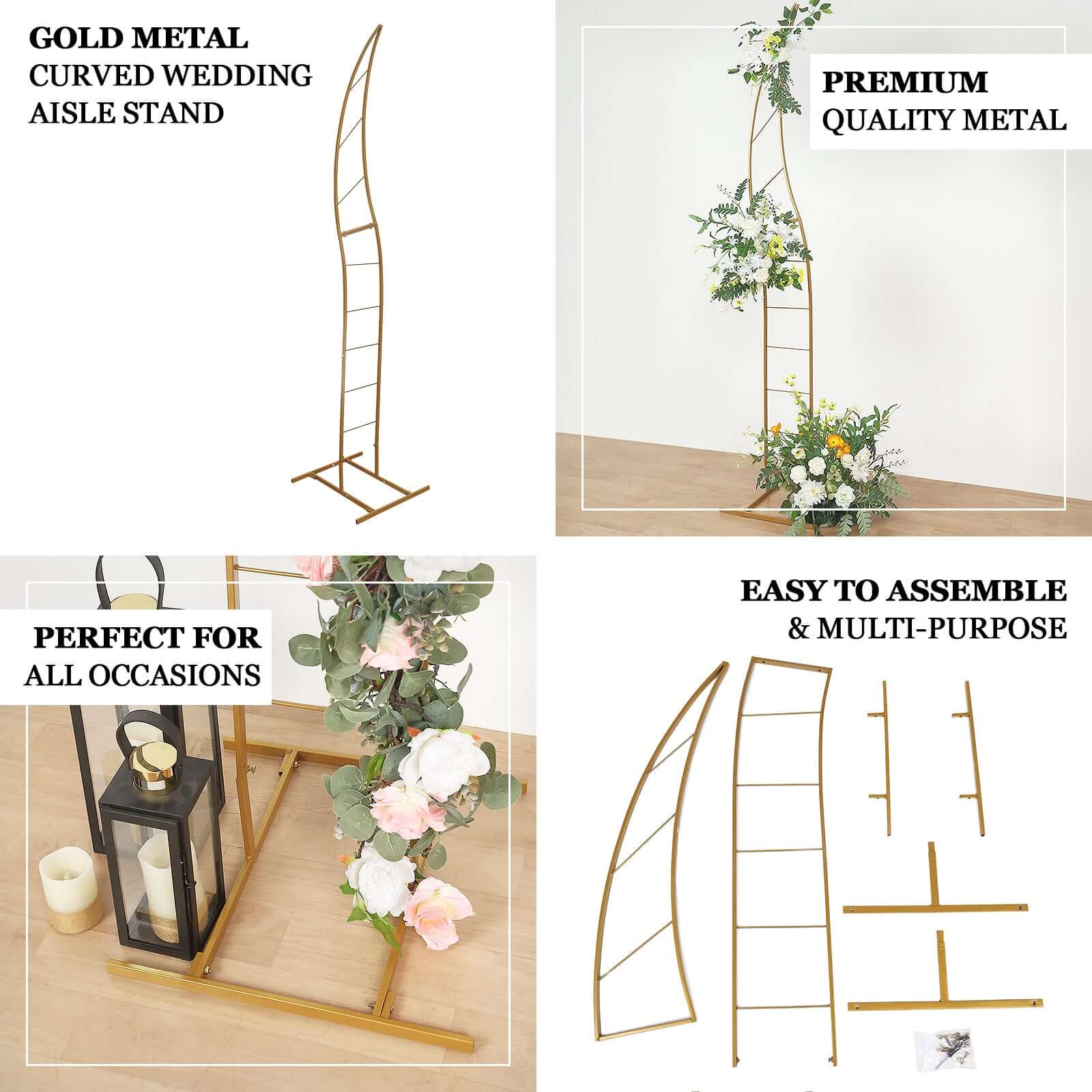 8ft Gold Metal Curved Flower Frame Balloon Arch Stand, Collapsible Wedding Aisle Photo Backdrop With Solid Rectangular Base