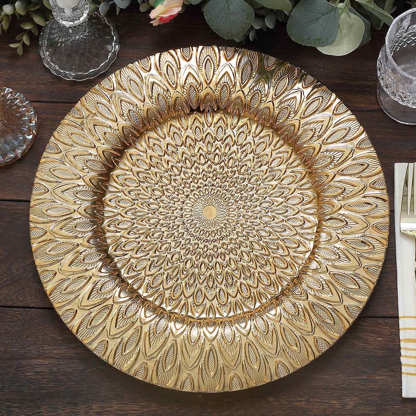 6-Pack Plastic Round Charger Plates 13 in Gold with Embossed Peacock Pattern, Stylish Disposable Charger Tableware