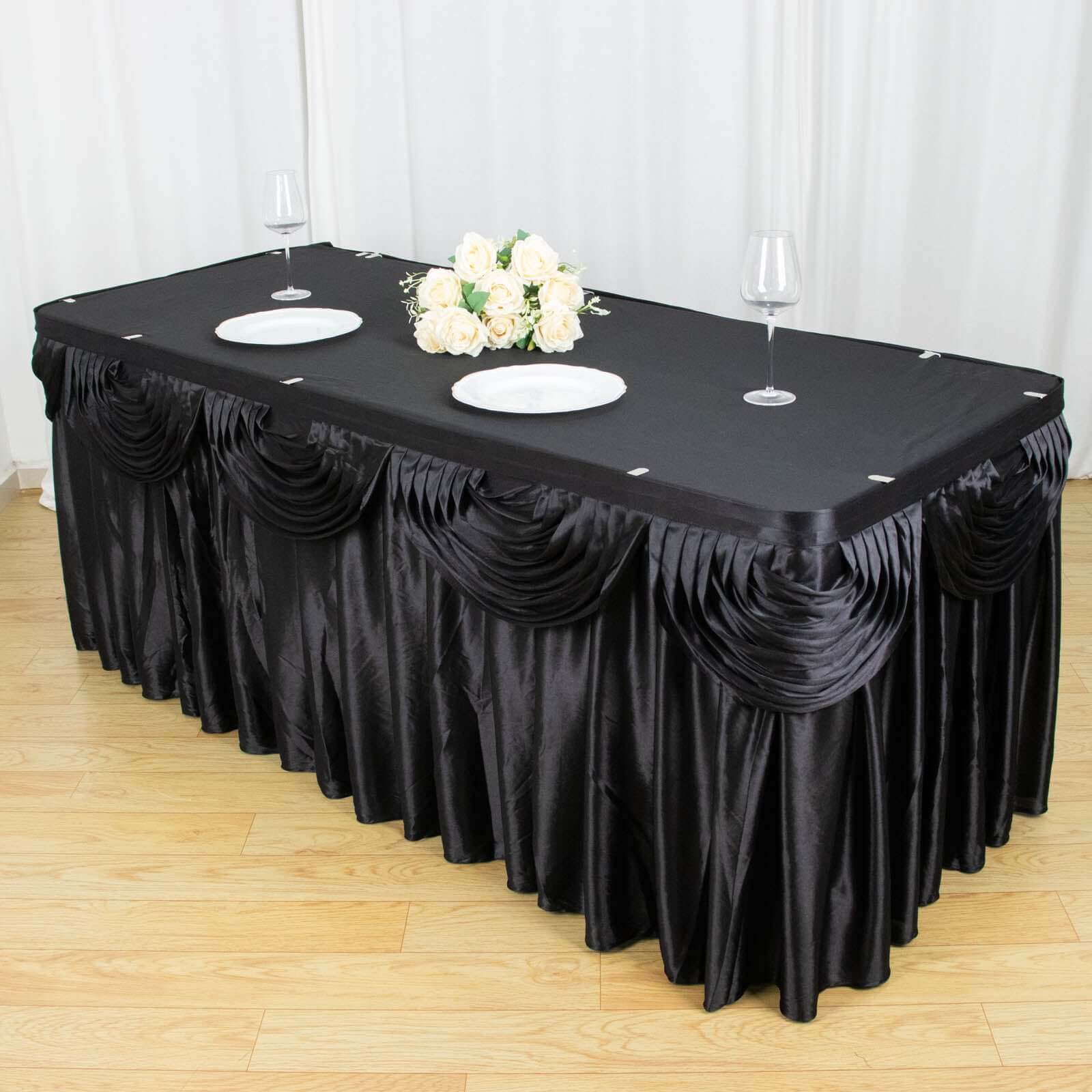 Satin 14ft Table Skirt Black Pleated Double Drape Design - Soft & Graceful for Events