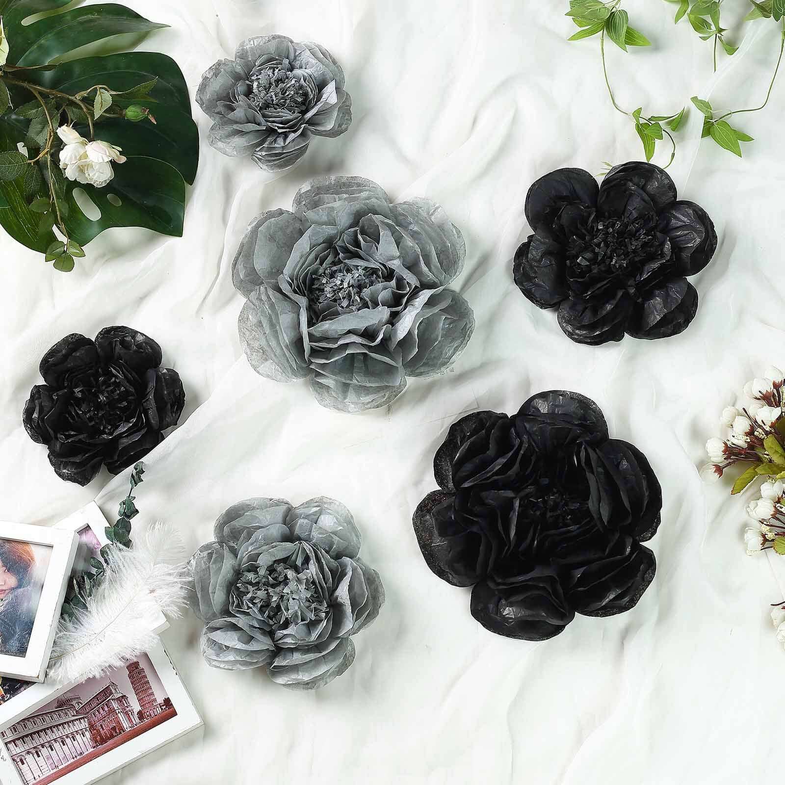 Set of 6 Black Charcoal Gray Peony 3D Paper Flowers Wall Decor - 7,9,11