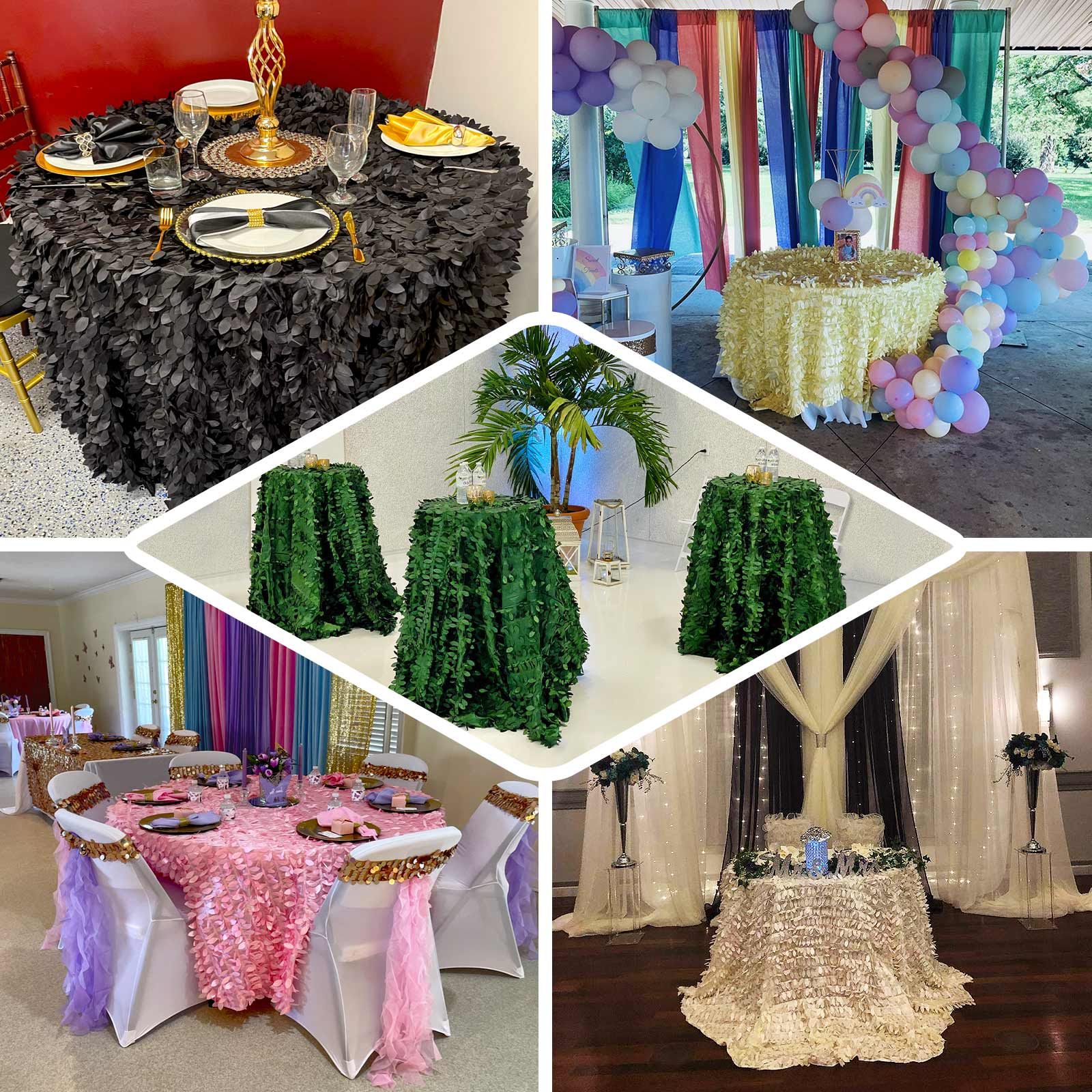 Taffeta 132 Round Tablecloth Green Leaf | 3D Leaf Petal Design Seamless Table Cover