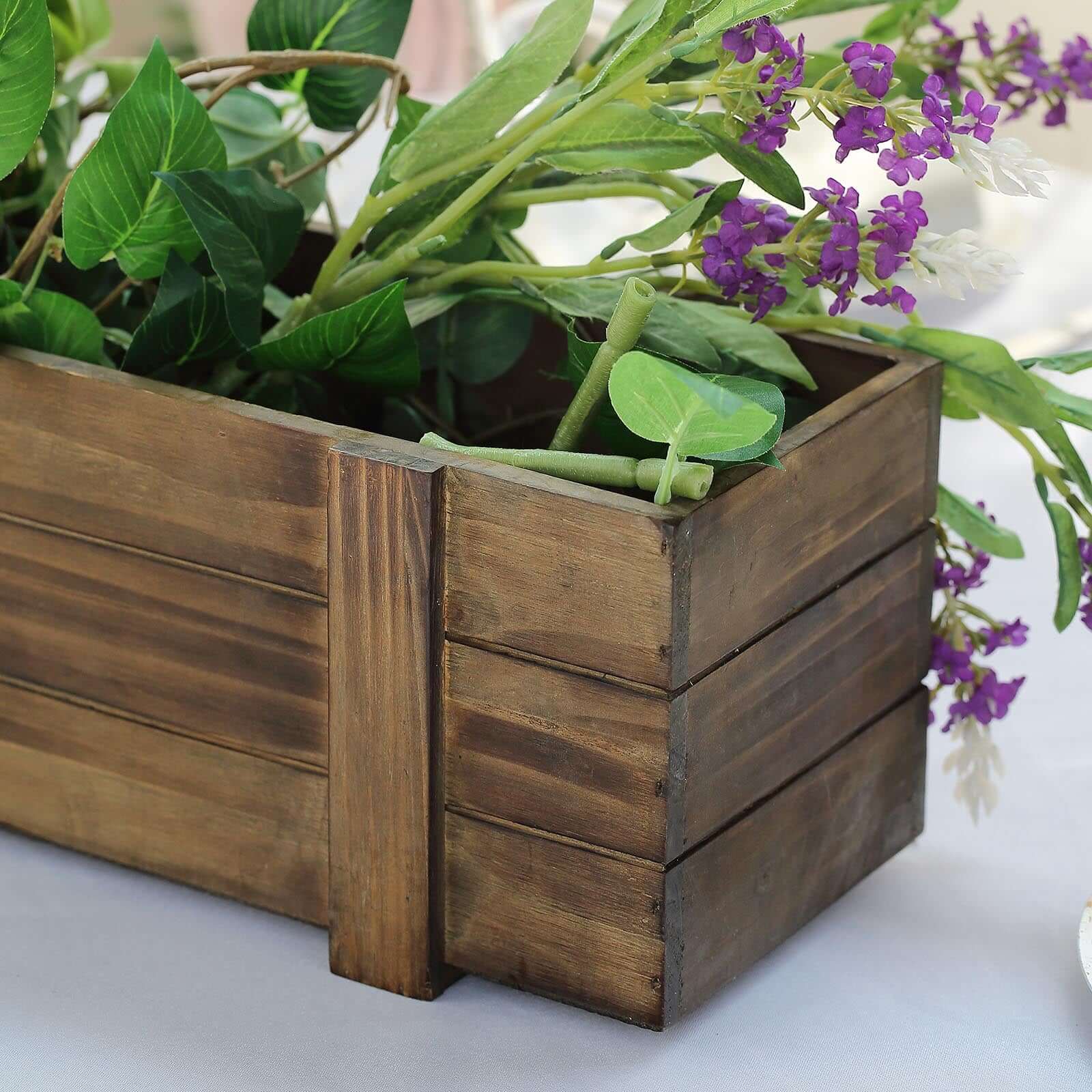 Rustic Wood Planter Box Smoked Brown - Durable Event Decor with Removable Plastic Liner 24x6