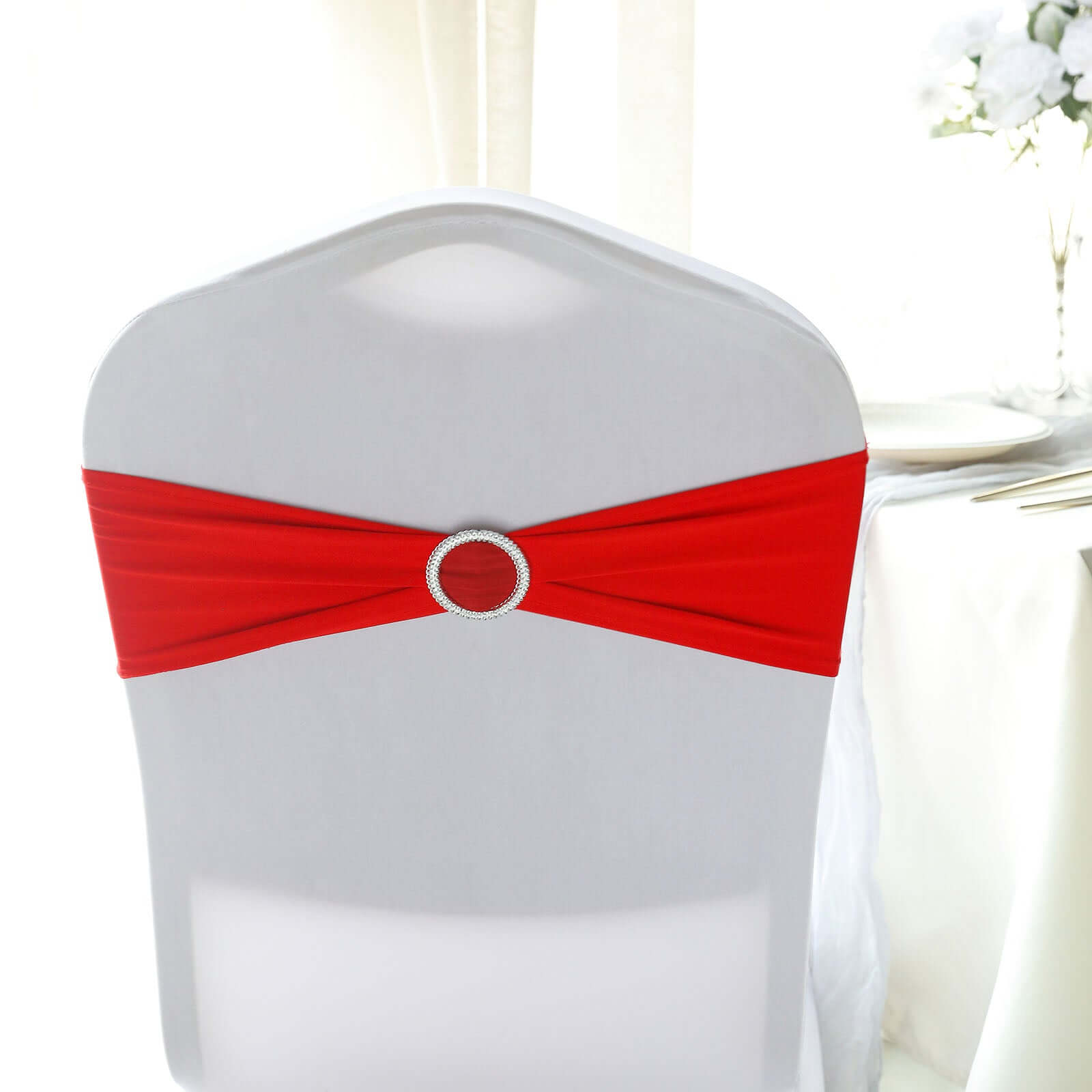 5 Pack Stretch Spandex Chair Sashes Red - Reusable Chair Bands with Silver Diamond Ring Slide Buckle 5x14