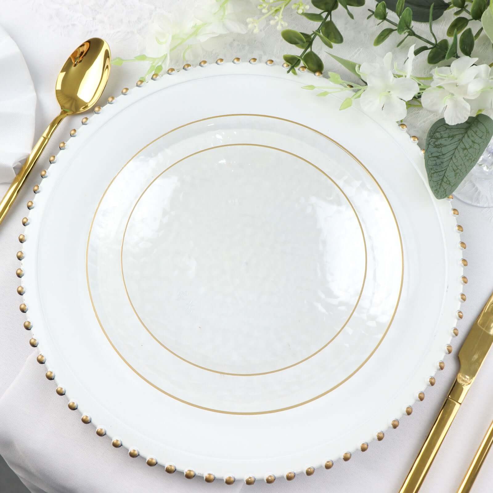 10-Pack Plastic 9 Round Dinner Plates in Clear Hammered Design with Gold Rim - Modern Disposable Party Plates for Events & Banquets