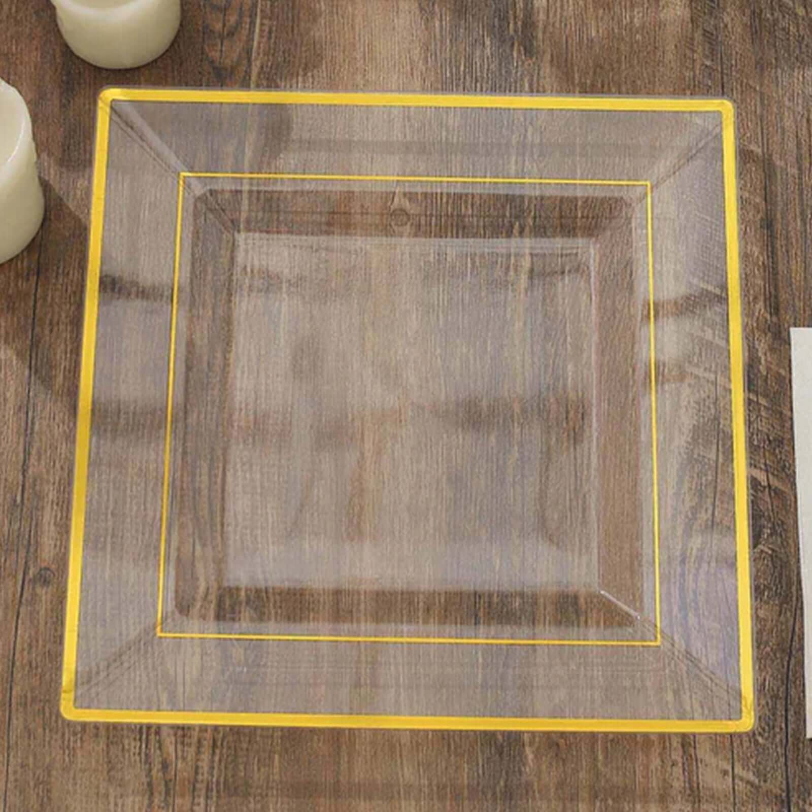 10 Pack 10 Gold Trim Clear Square Disposable Dinner Plates, Plastic Party Plates