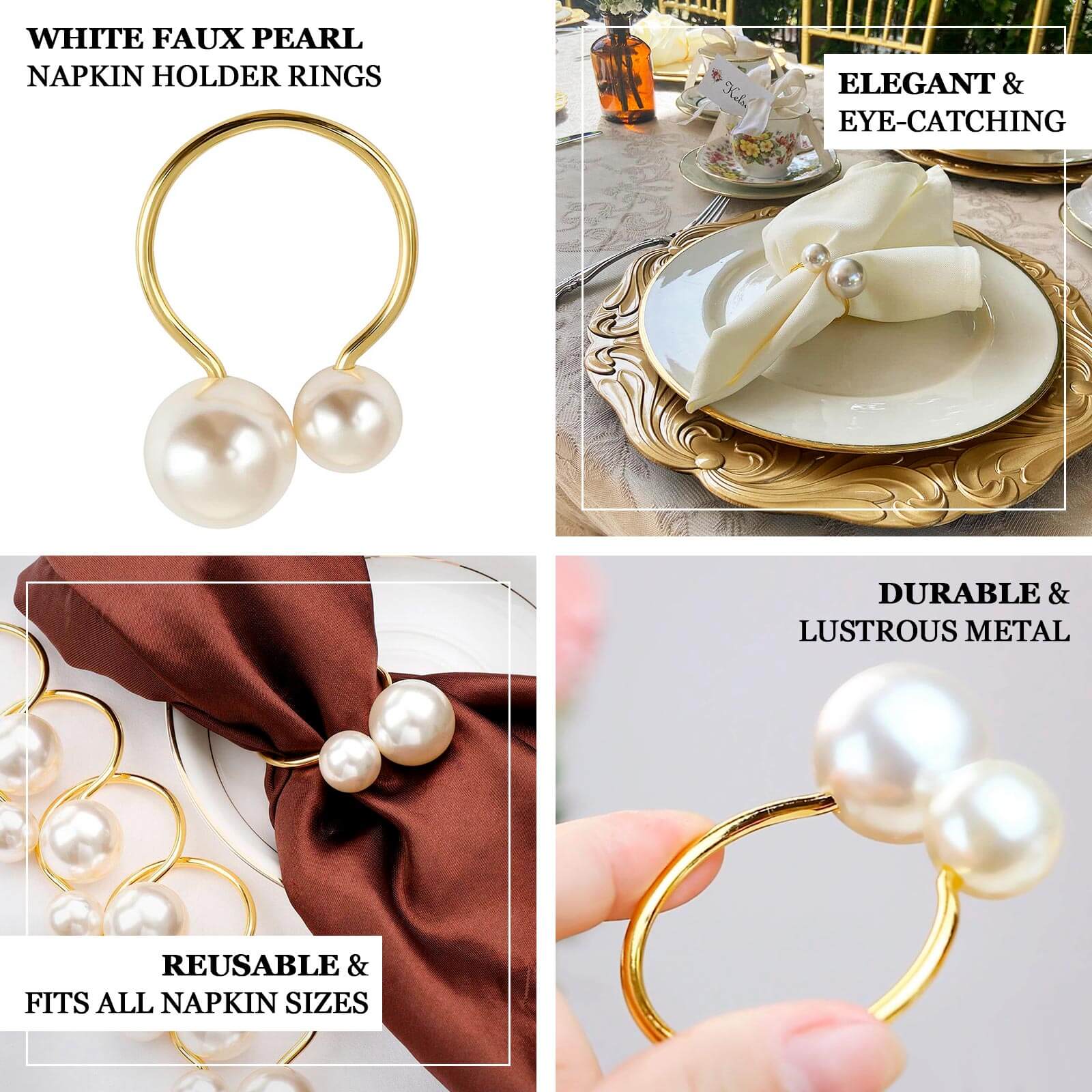 10 Pack White Pearl Gold Metal Napkin Holders Dining Table Decor, Elegant Round Wedding Napkin Rings - 2.5