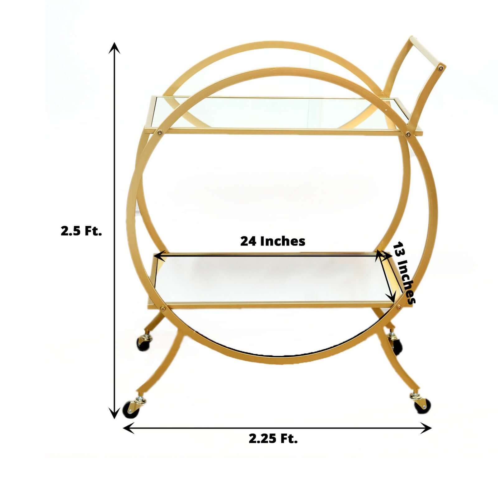 Gold Metal Bar Cart with Mirror Serving Tray 2-Tier - Round Teacart Island Trolley for Events 2.5ft