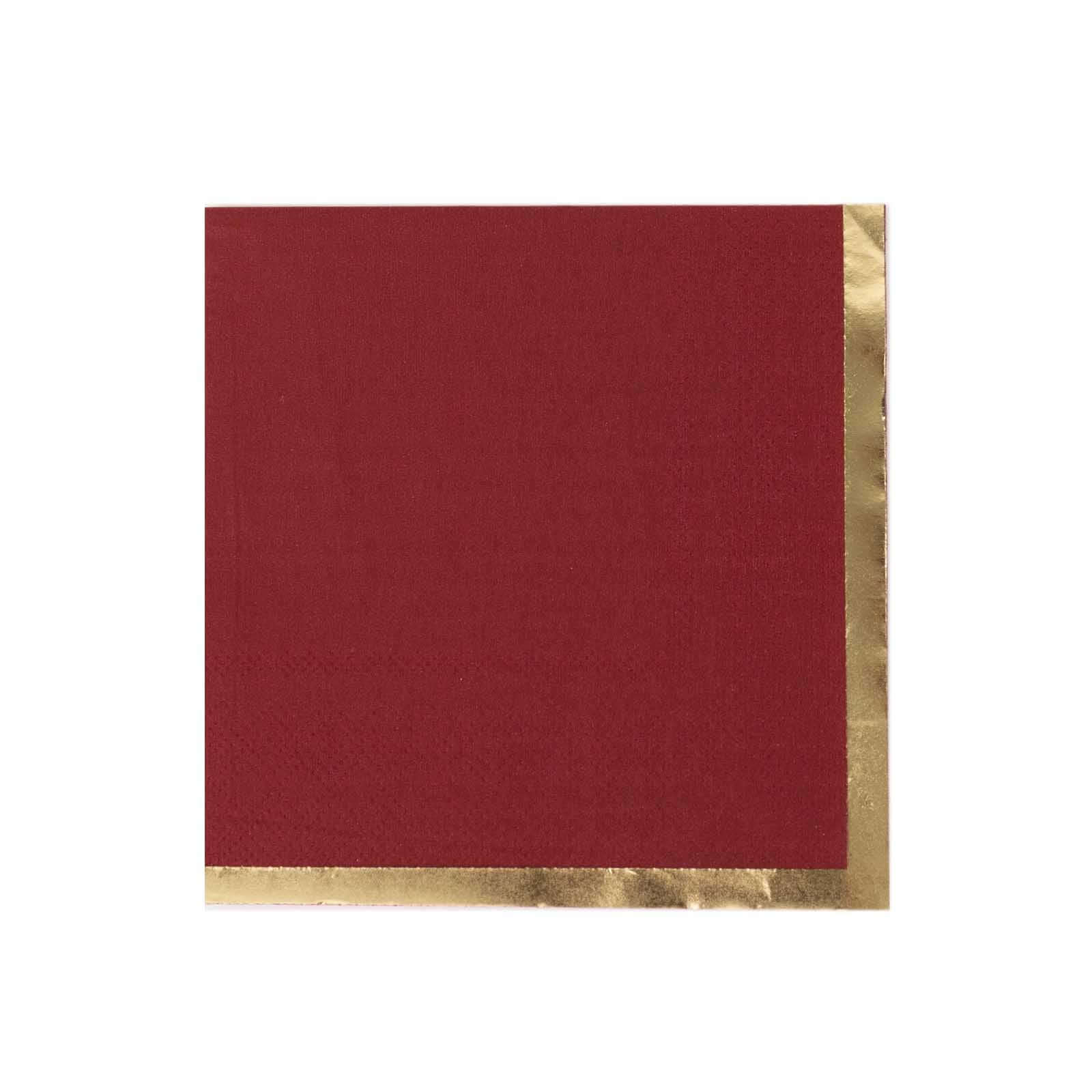 50-Pack Paper Beverage Napkins Burgundy with Gold Foil Edge - 2 Ply Disposable Soft 18GSM Cocktail Napkins 5x5