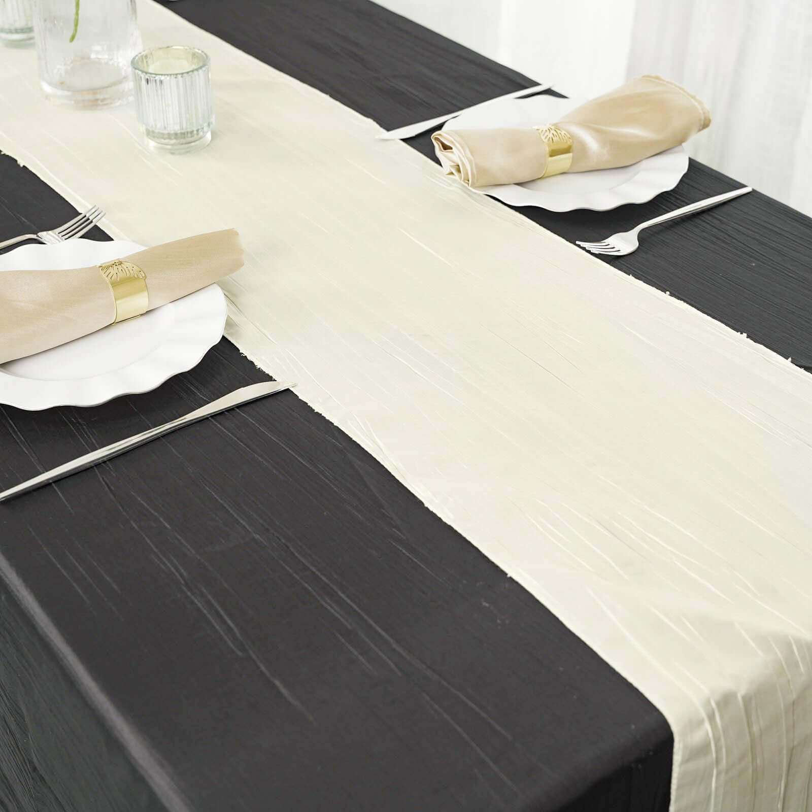 Taffeta 12x108 Table Runner Ivory - Accordion Crinkle Design