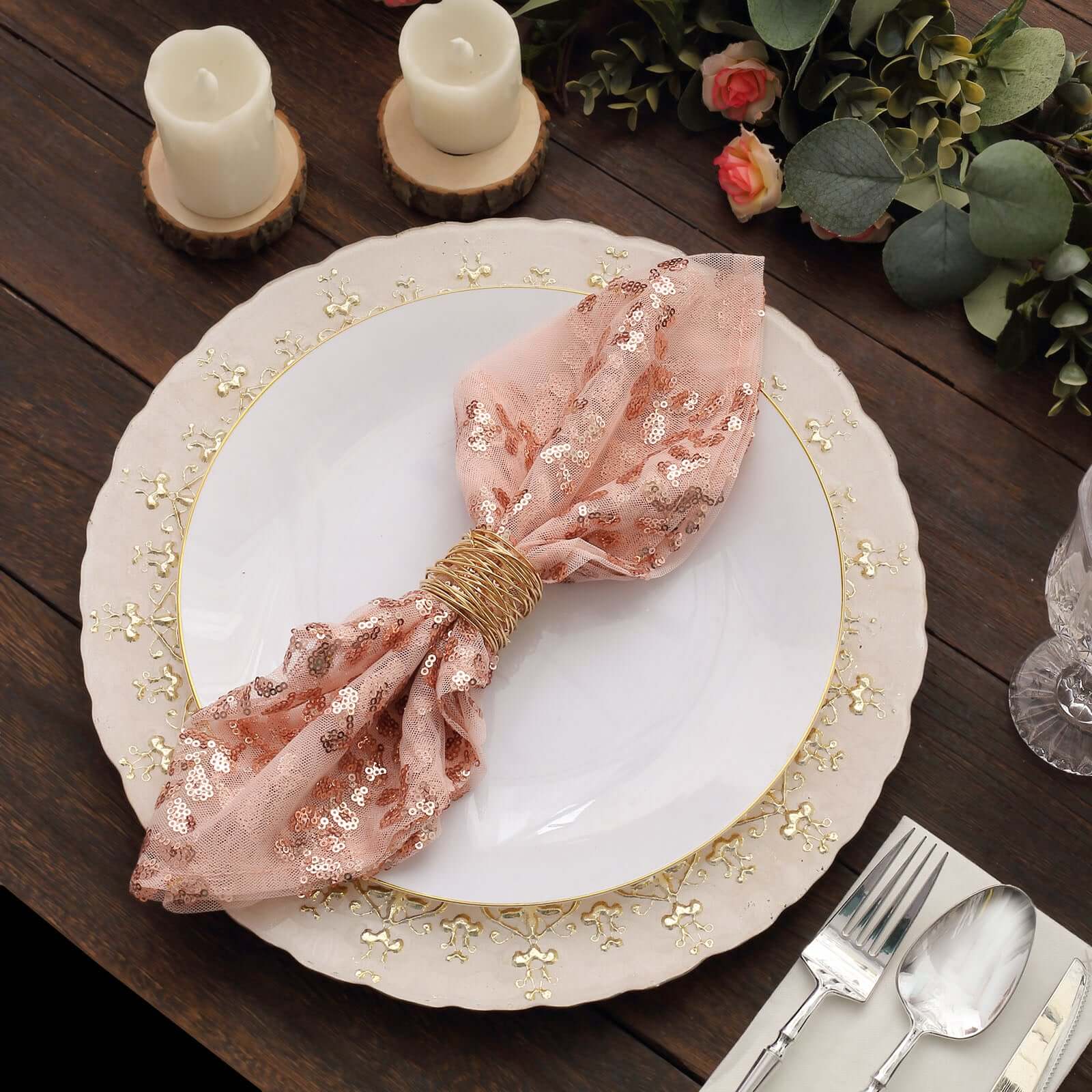 Sequin Tulle 20x20 Napkin Rose Gold - Embroidered Leaf Vine Dinner Napkins