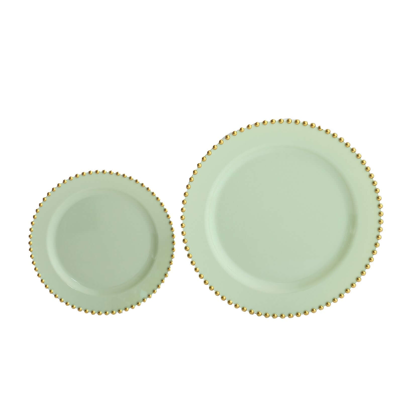 10-Pack Plastic 8 Round Appetizer Dessert Plates in Sage Green with Gold Beaded Rim - Disposable Salad Plates