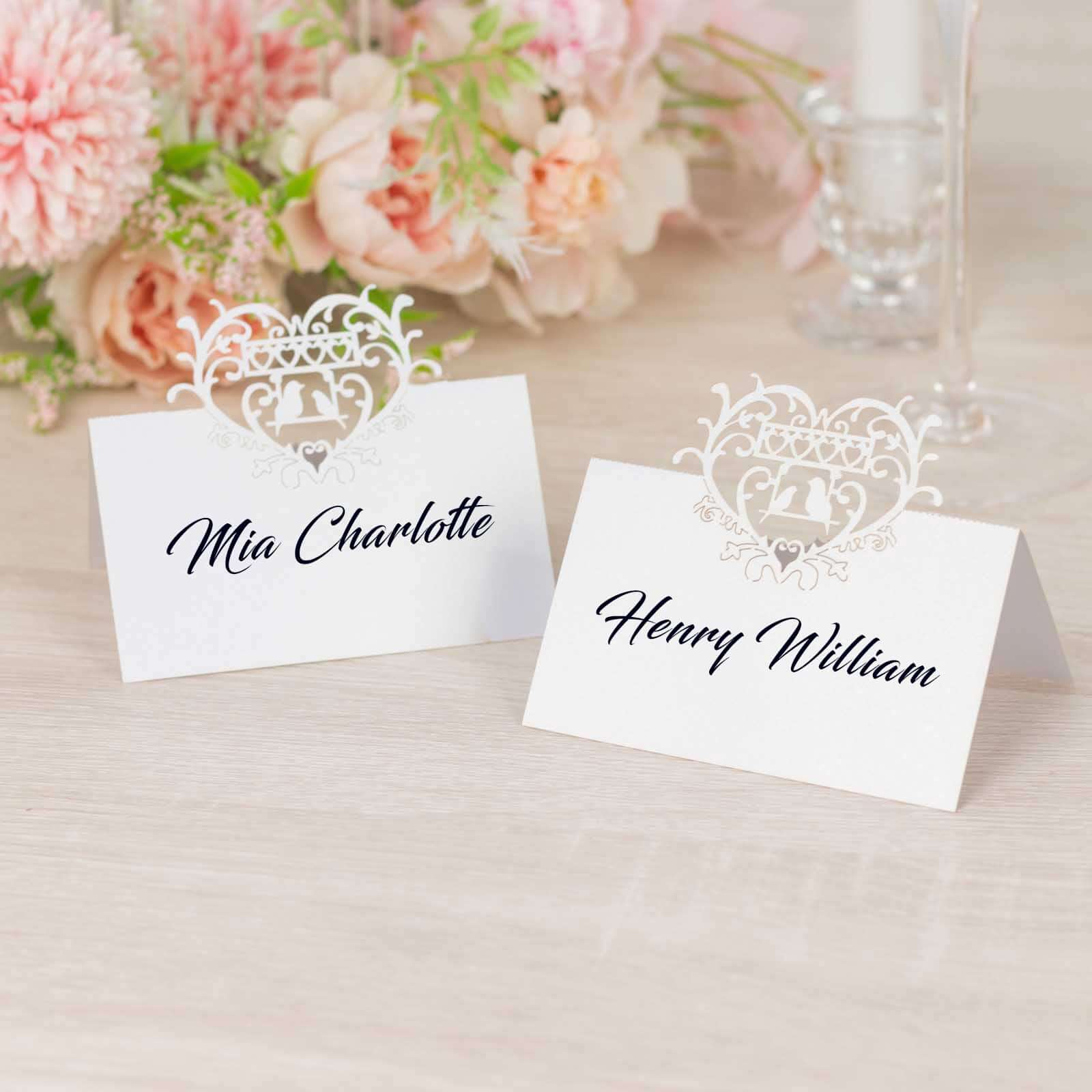 50-Pack Wedding Place Cards with Laser Cut Hollow Heart Design White - Printable Reservation Seating Tent Cards 210 GSM