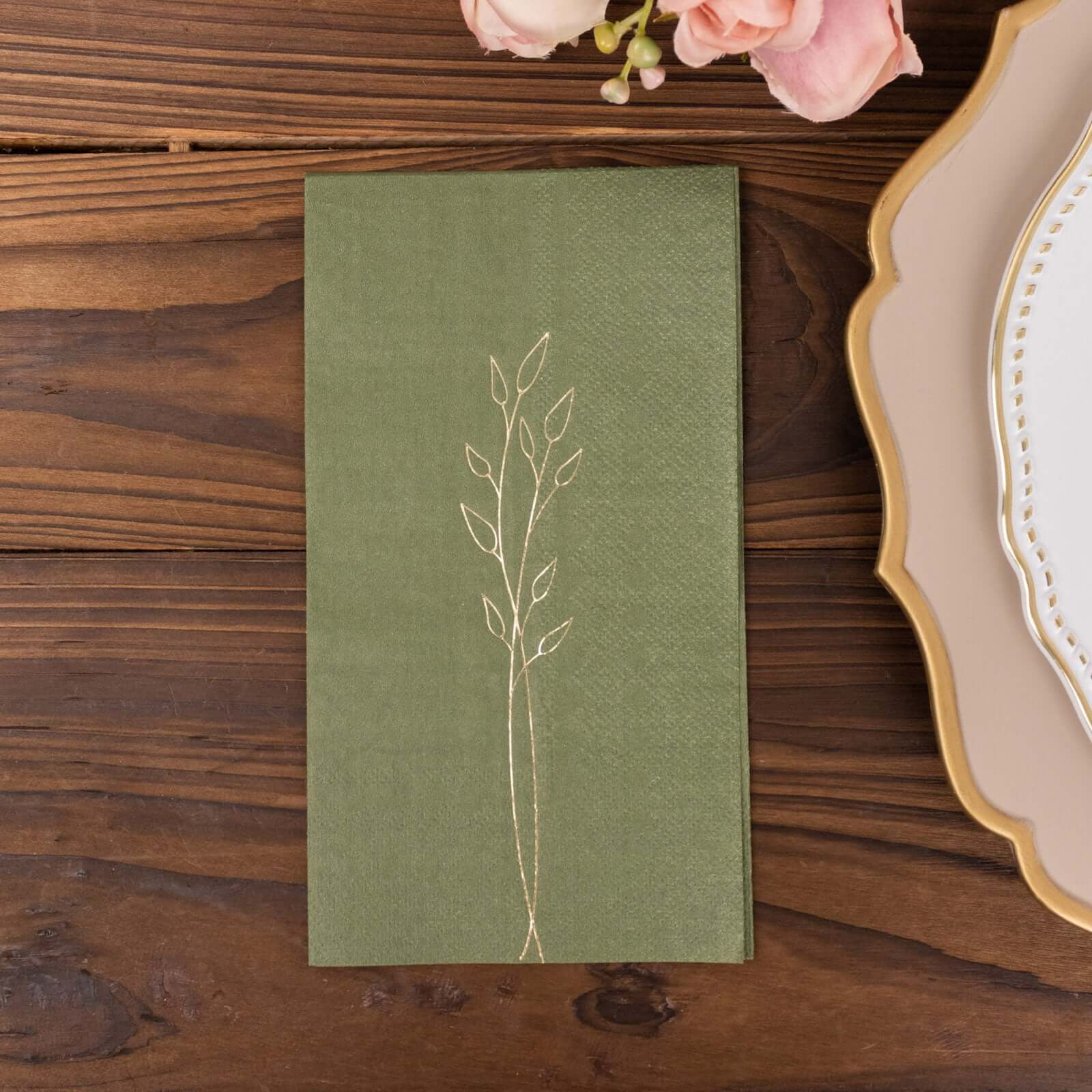 50-Pack Paper Dinner Napkins Olive Green with Gold Embossed Leaf - Stylish 2-Ply Disposable Napkins for Weddings 18GSM