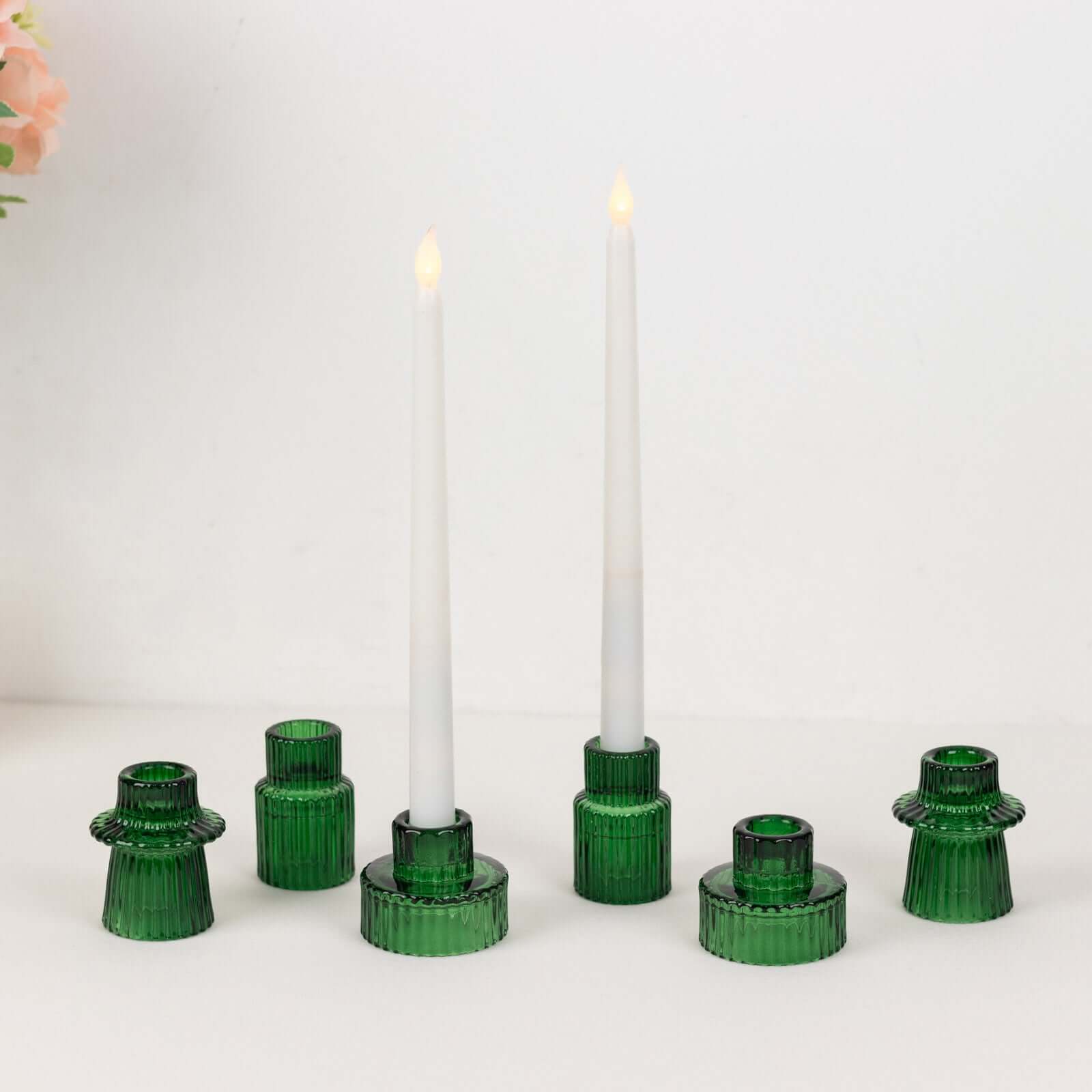 Set of 6 Glass Taper Candle Holders Ribbed Crystal Design Hunter Emerald Green - Reversible Mini Votive Tealight Stands 3