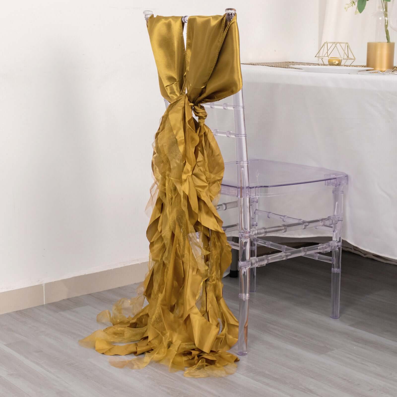 5 Pack Chiffon Satin Chair Sashes Gold - Easy to Install Lustrous Ruffled Curly Willow Wedding Chair Decorations