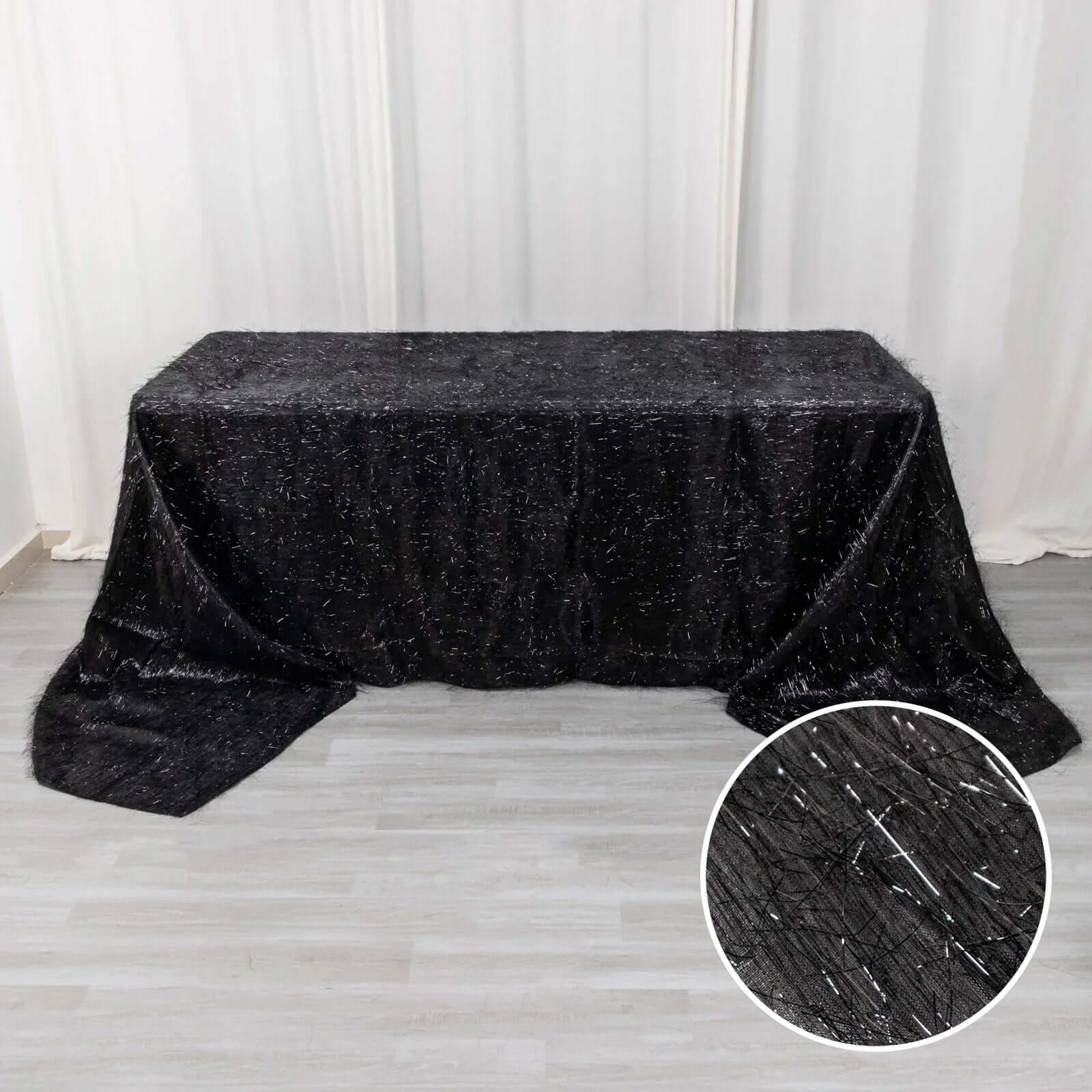 Polyester 90x156 Rectangle Tablecloth Black Metallic Fringe Shag Tinsel Table Cover