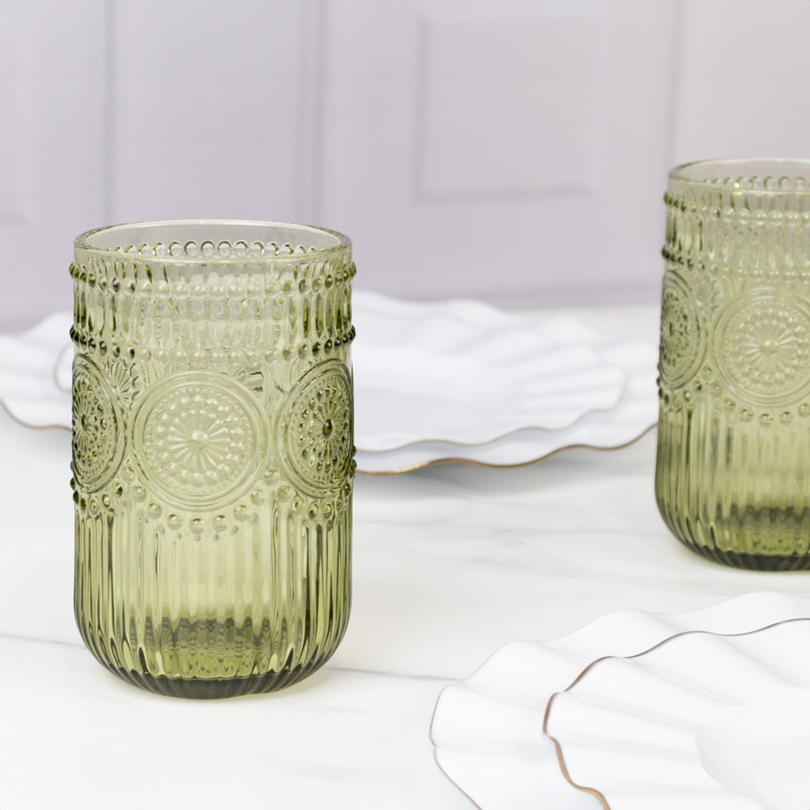 6-Pack Glass Tumblers Dusty Sage Green Vintage Embossed Design with Textured Floral Pattern - Highball Glasses for Drinks & Parties 14oz