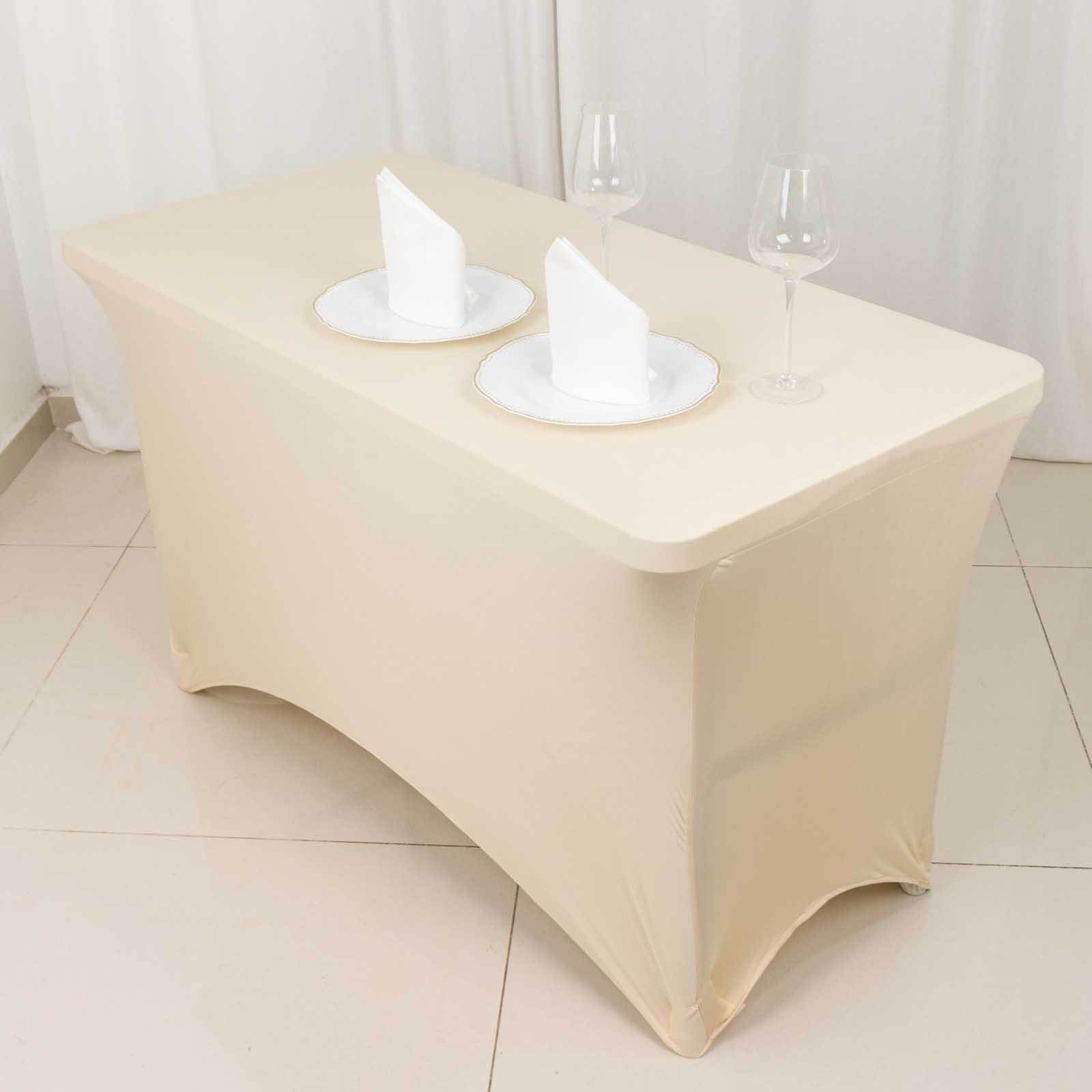 Stretch Spandex 48x30 Rectangle Tablecloth Beige - Durable Form-Fitting Table Cover