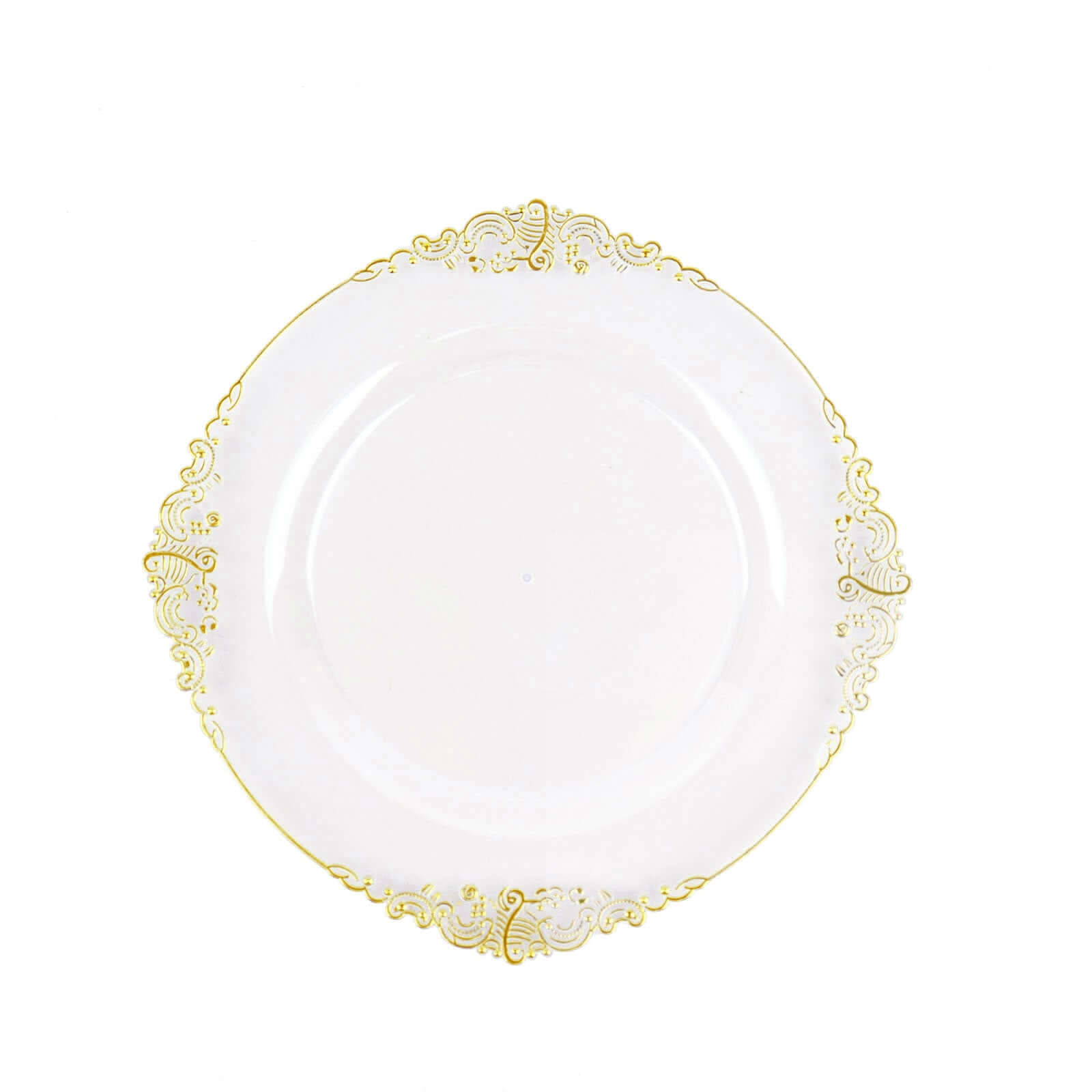 10-Pack Plastic 8 Round Dessert Plates in Clear with Gold Leaf Embossed Rim - Disposable Vintage Baroque Style Salad Plates