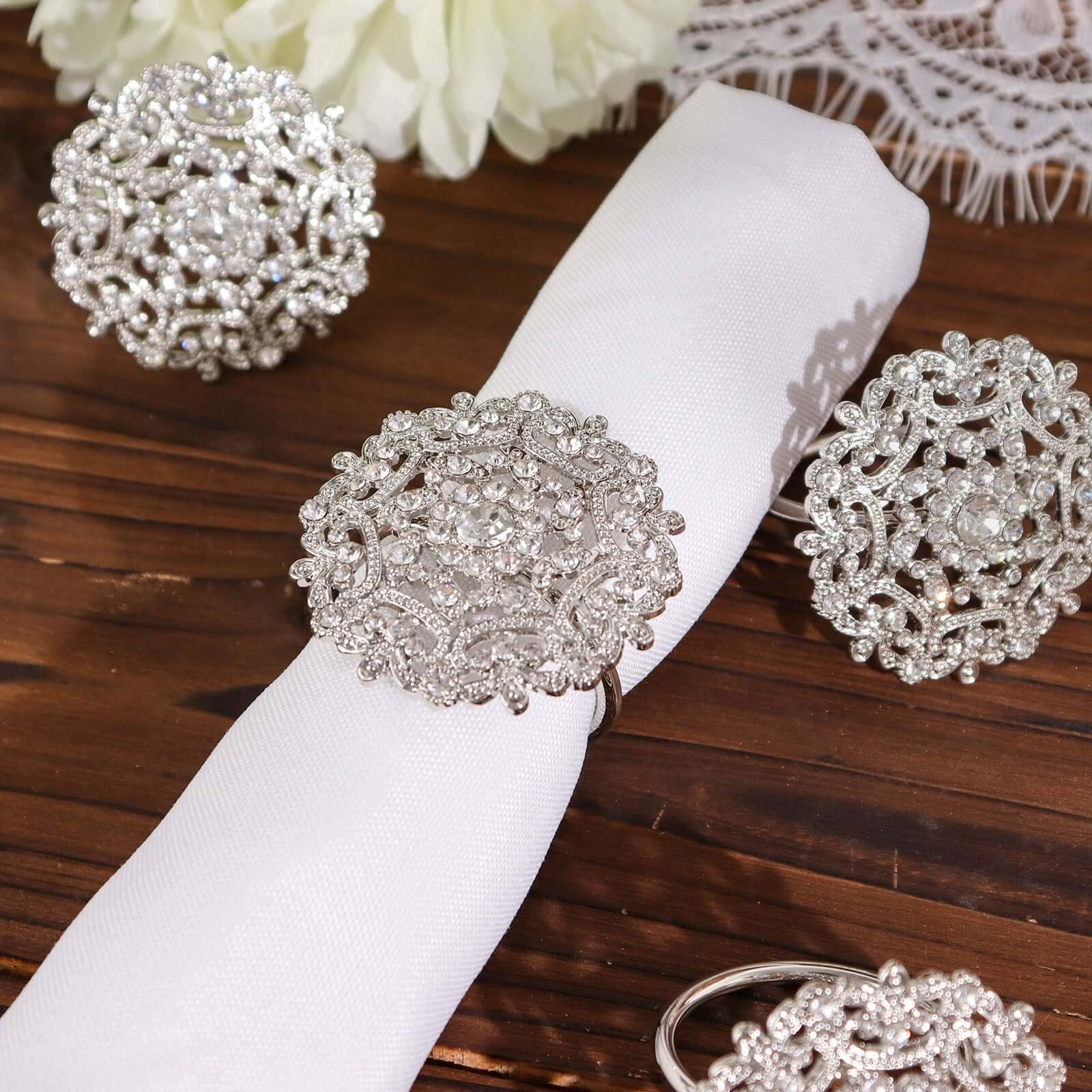 4 Pack Diamond Rhinestone Silver Metal Flower Napkin Rings, Decorative Napkin Buckle Holders