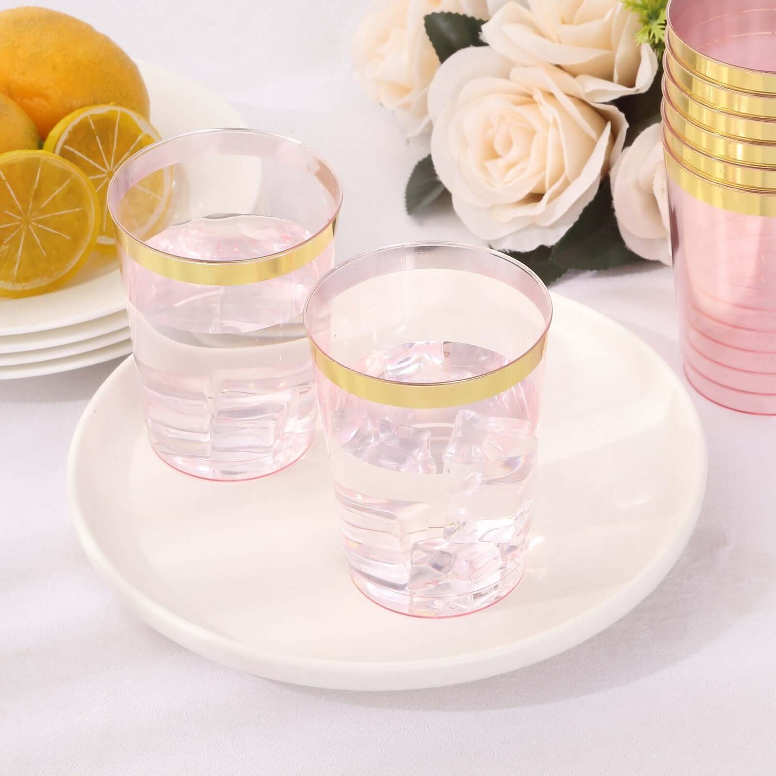 25-Pack Plastic Tumbler Cups Transparent Blush with Gold Rim - Stylish Disposable Party Glasses 10oz